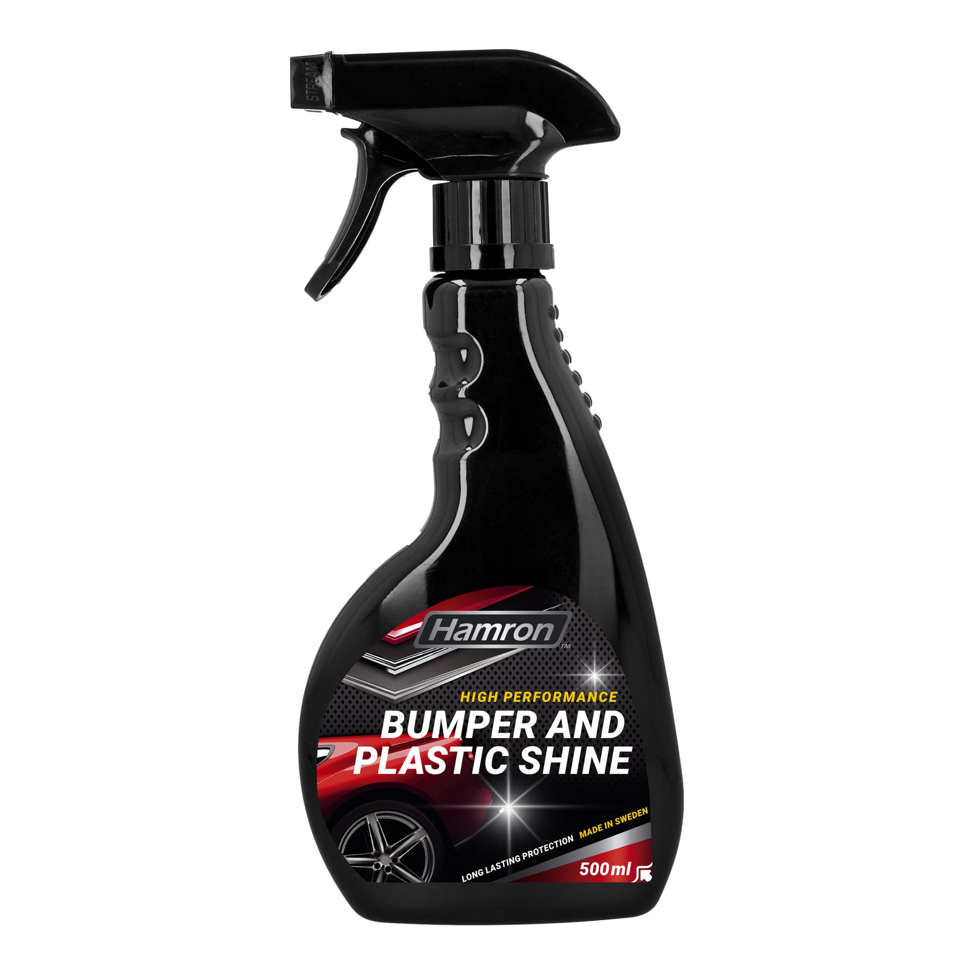 En svart sprayflaska med röda och silverfärgade detaljer, märkt "Hamron Plastic polish Bumper & plastic shine," och med en bild av en bilstötfångare och hjul. Flaskan anger "High Performance", rymmer 500 ml och noterar att den är tillverkad i Sverige.