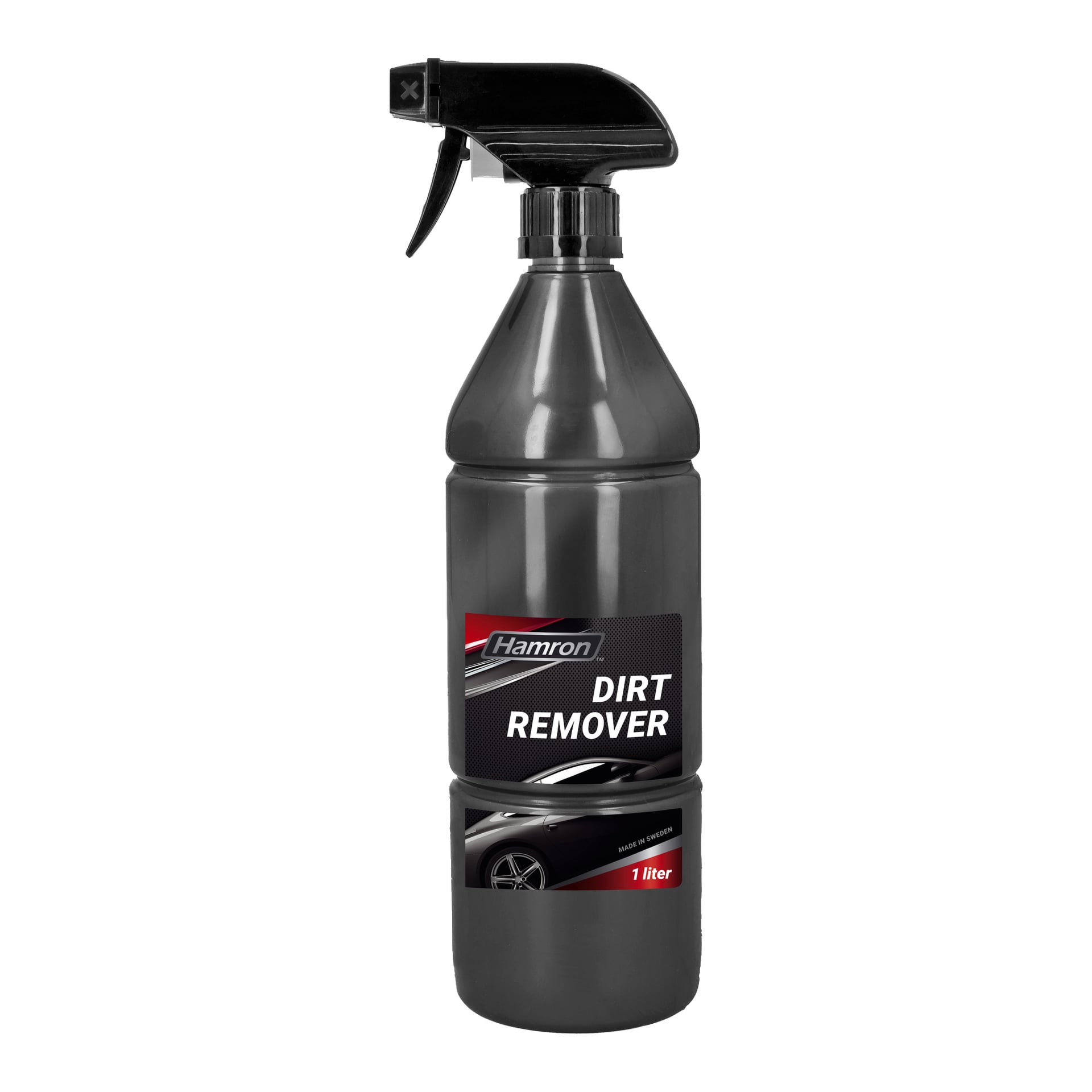 En svart 1-liters sprayflaska med en Hamron Alkaline Degreaser Dirt Remover-etikett, med en röd och svart design, en bild av en bil och frasen "Made in Sweden".