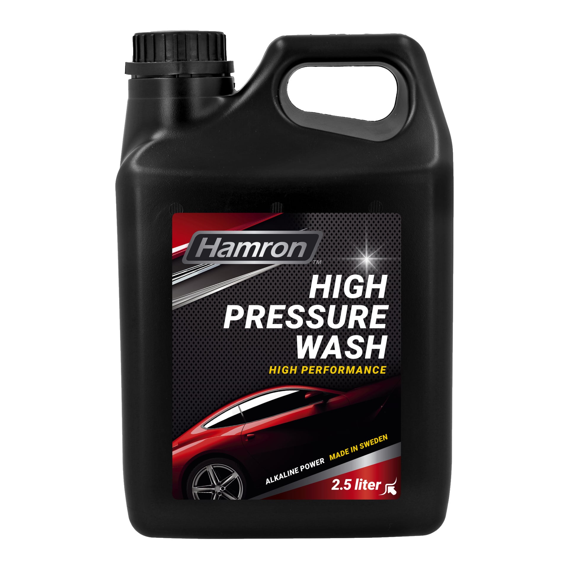 pojemnik Hamron High Pressure Shampoo Alkaline Power o pojemności 2,5 litra z czerwonym sportowym samochodem na etykiecie. Na etykiecie widnieje napisy High Performance, Alkaline Power oraz Made in Sweden.