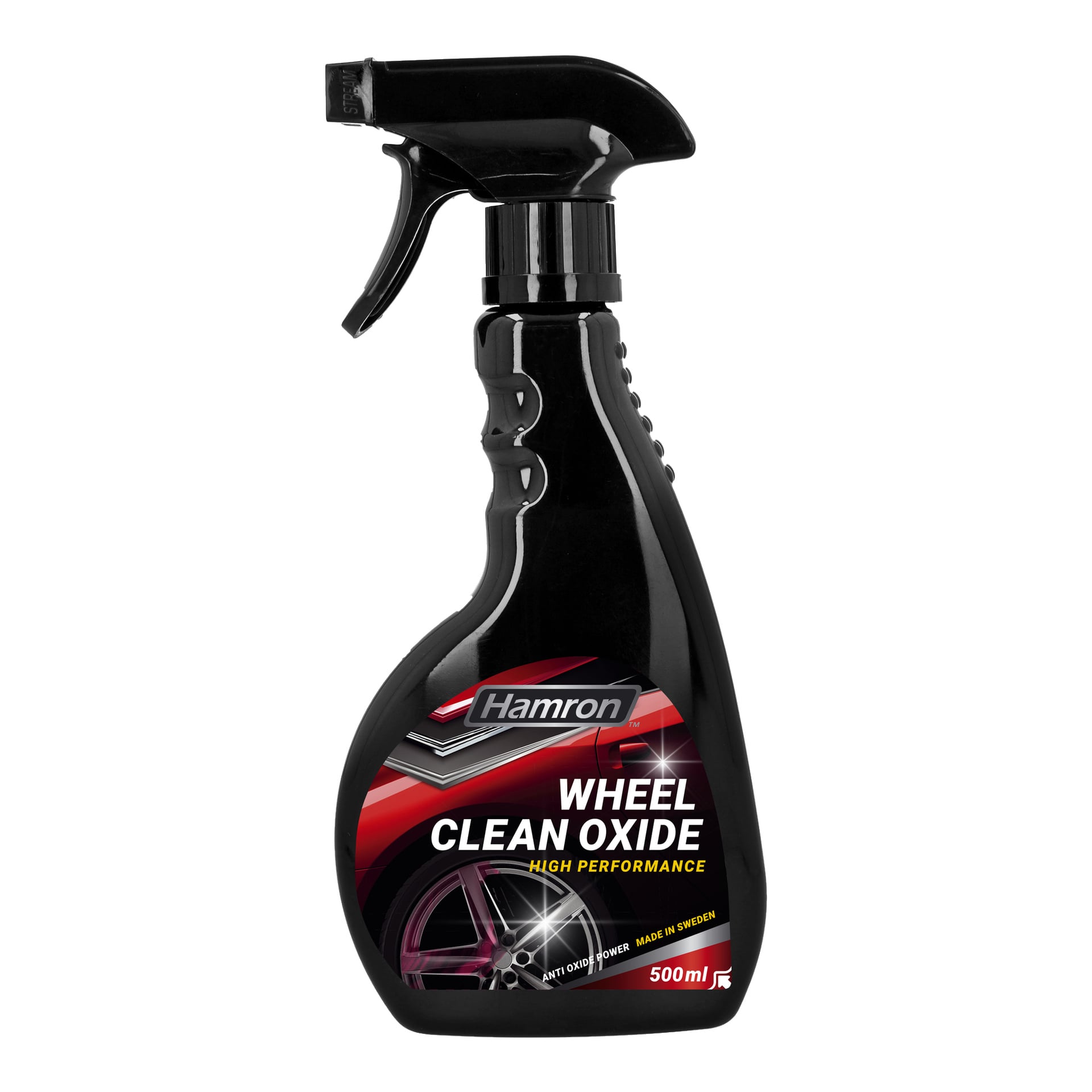 En svart 500 ml sprayflaska märkt "Hamron Rim Cleaner Wheel Clean Oxide," med texterna "Anti Oxide Power" och "Made in Sweden", med en bild av ett bilhjul på etiketten.