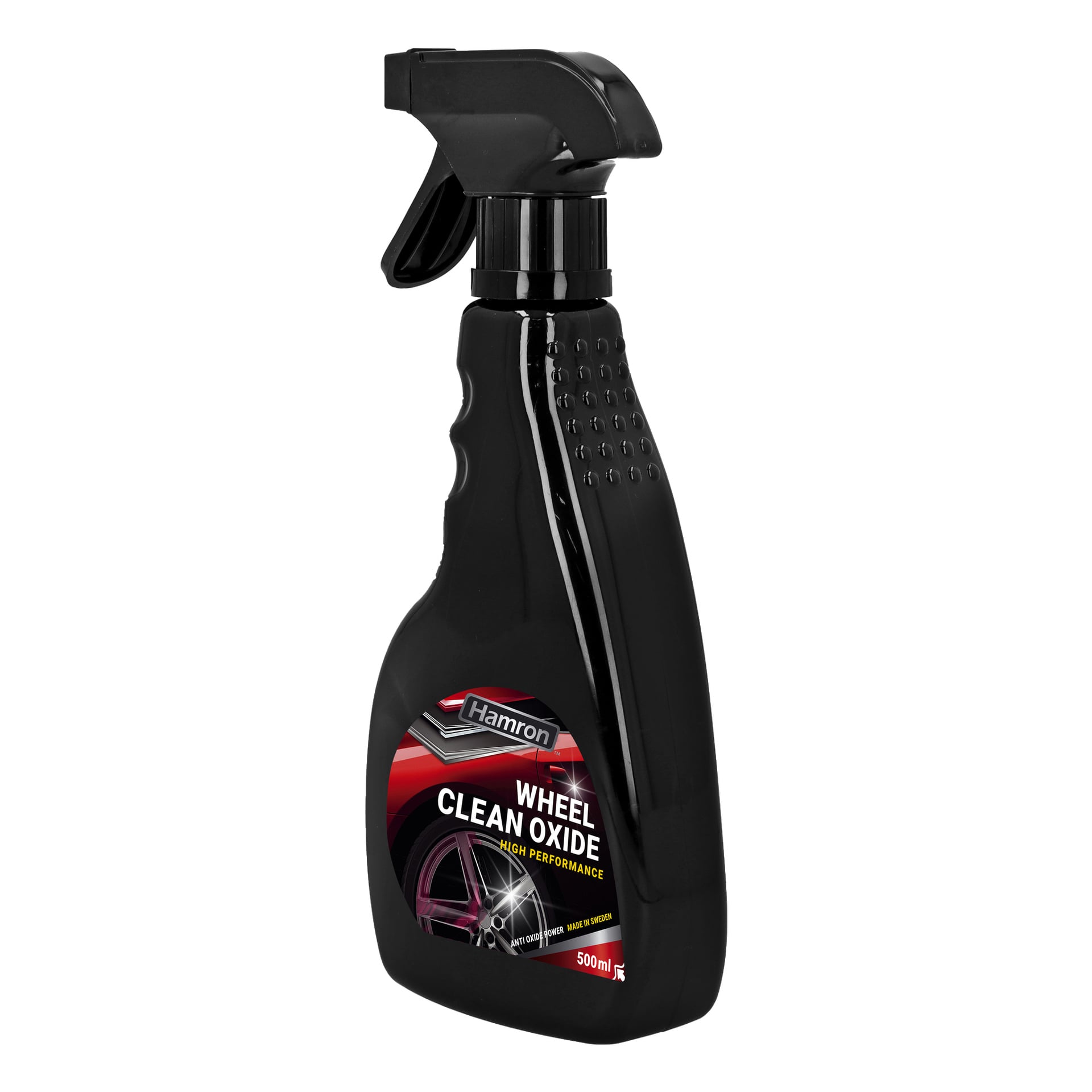 En svart sprayflaska märkt Hamron Rim Cleaner Wheel Clean Oxide, med en bild av en röd bil och ett blankt rent hjul. Etiketten betonar en antioxidformel, 500 ml kapacitet och ursprung som Made in Sweden.