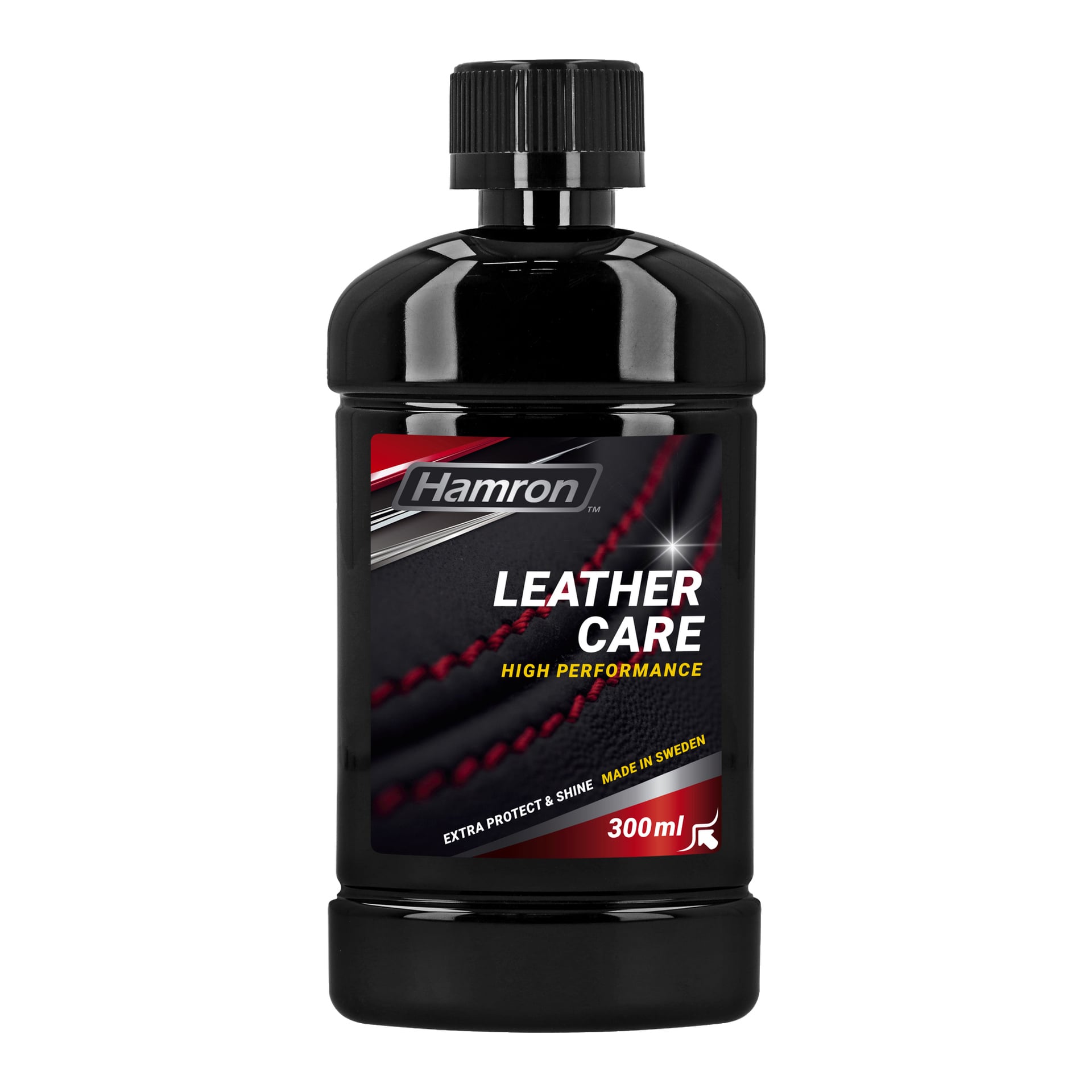 En 300 ml svart Hamron Leather Care Extra Protect & Shine-flaska med en röd och svart etikett med produktdetaljer och en närbild av läder med röda sömmar. Etiketten betonar "Extra Protect & Shine" och noterar att produkten är tillverkad i Sverige.