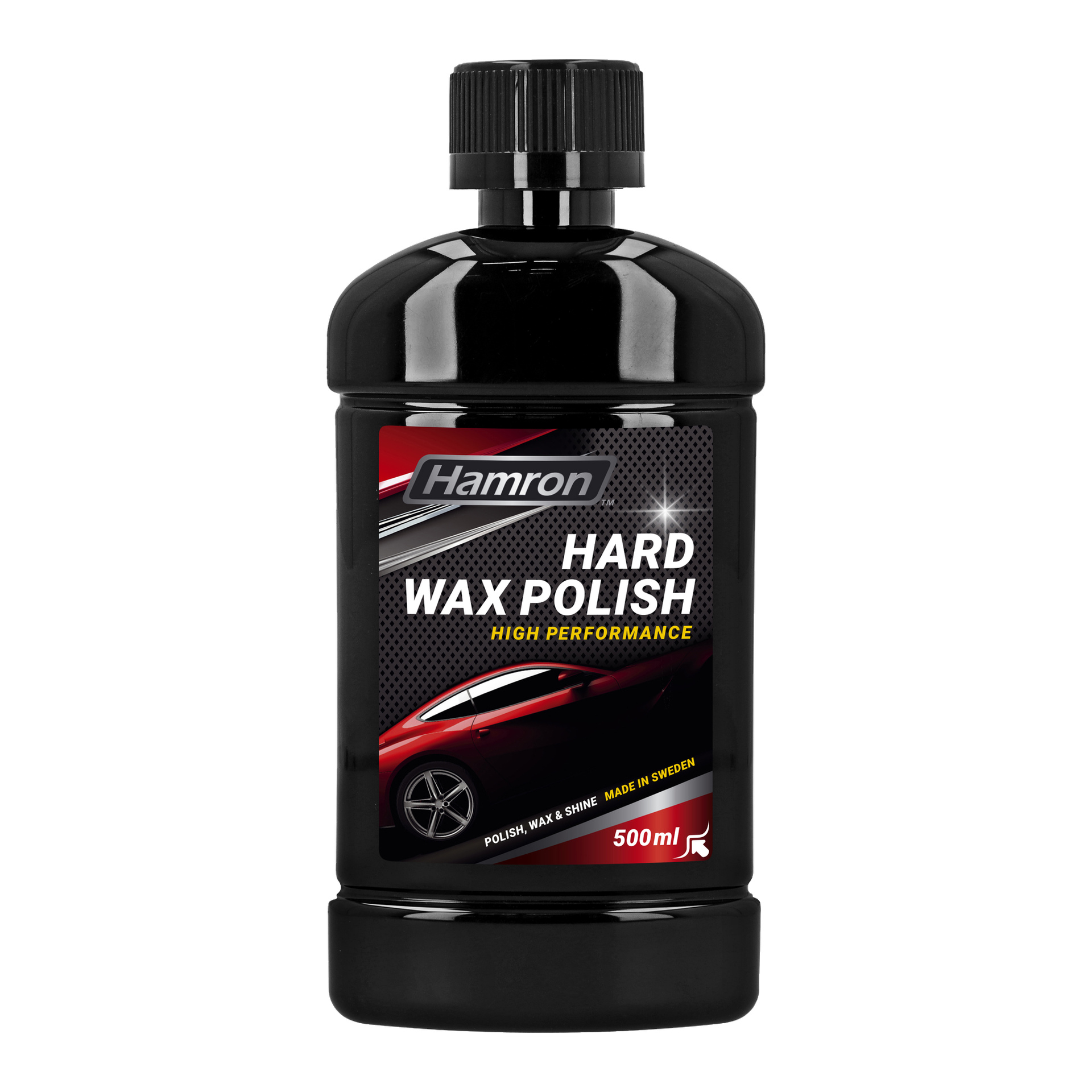 En svart 500 ml flaska Hamron Hard Wax Polish märkt "wax & shine", med en röd bilgrafik på framsidan. Etiketten innehåller uttryck som "High Performance" och "Made in Sweden." Flaskan har en räfflad svart skruvlock.