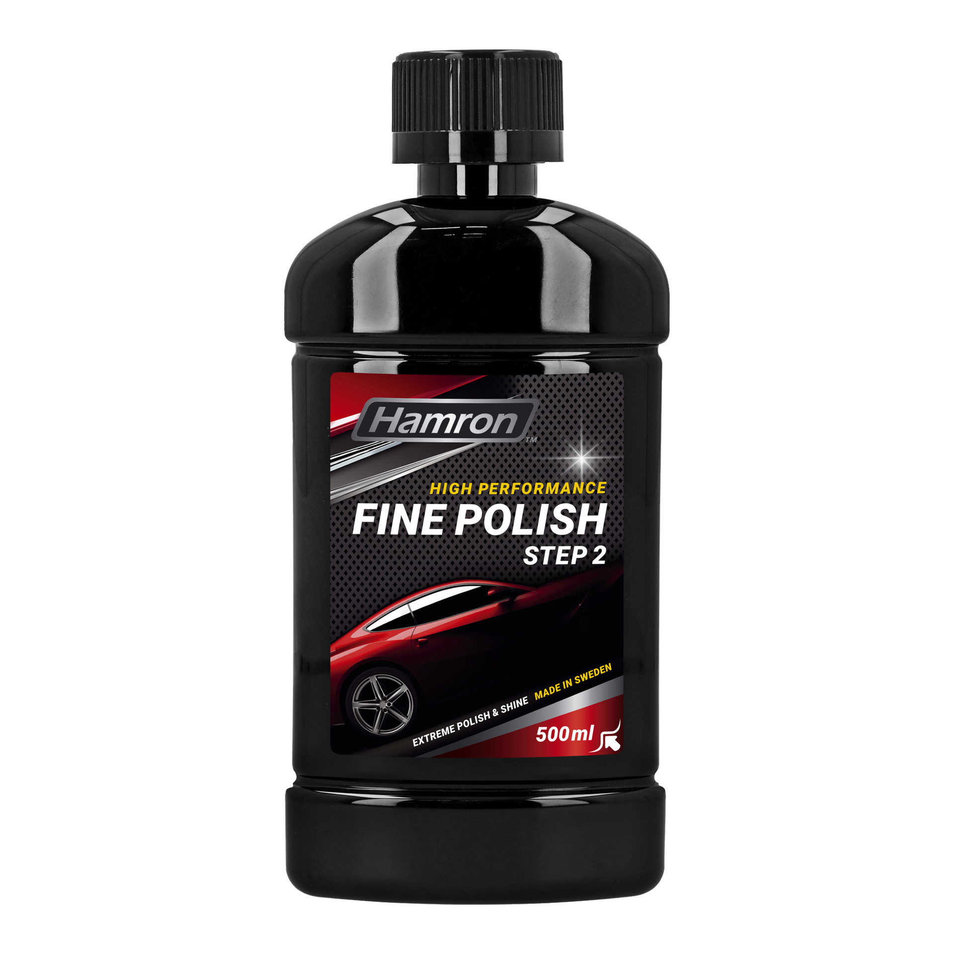 En 500 ml svart plastflaska med Hamron Fine Polishing Step 2 Extreme Polish & Shine, med en etikett som visar en röd bilgrafik och text som marknadsför högpresterande bilpolish tillverkad i Sverige.