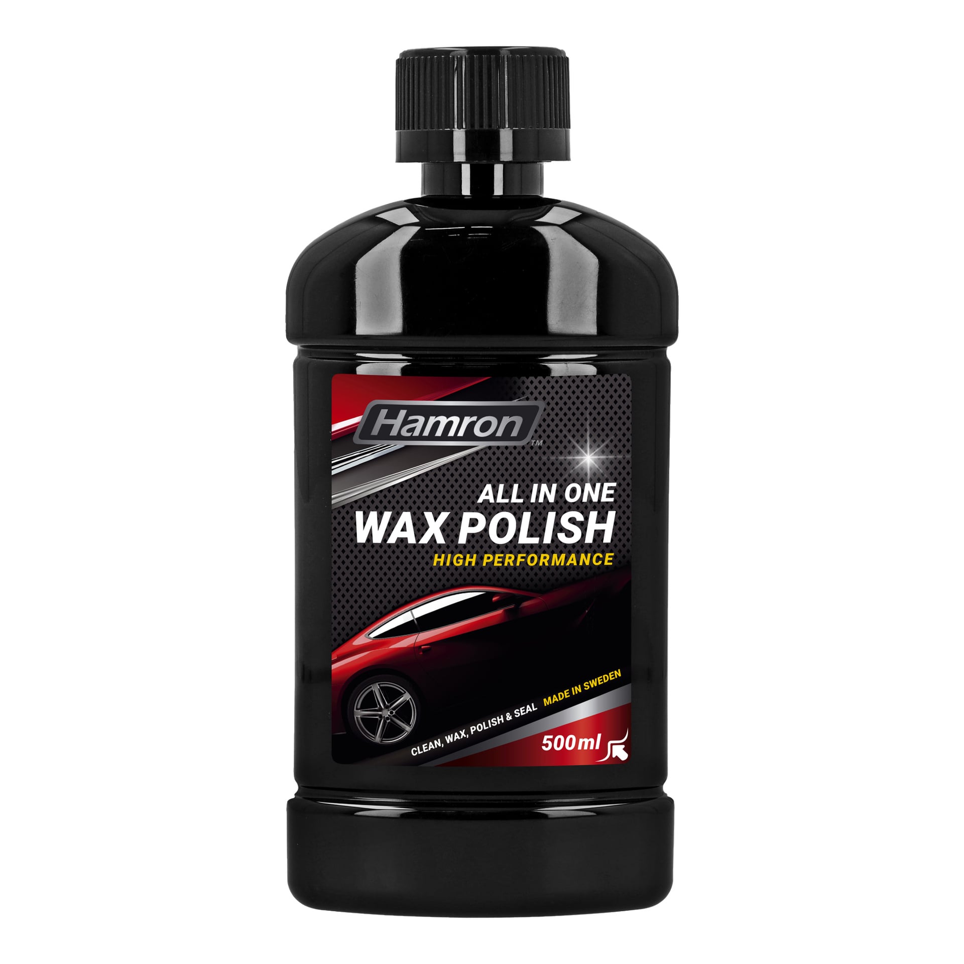 En svart plastflaska visar etiketten "Hamron Wax Polish All In One" med en bild av en röd bil, vilket framhäver dess funktioner för rengöring, vaxning, polering och tätning. Behållaren rymmer 500 ml och tillverkas i Sverige.