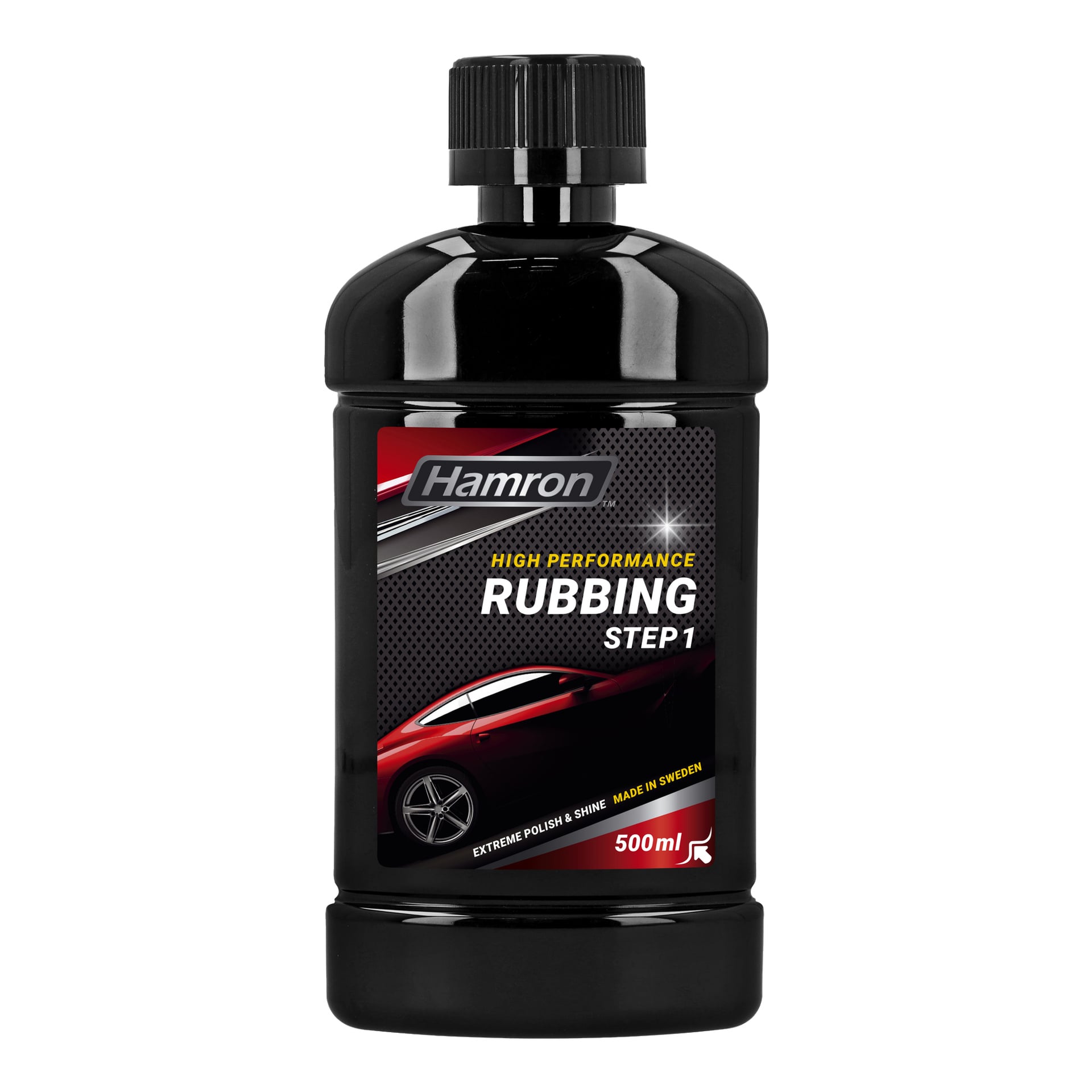 butelka Hamron Rubbing Step 1 Extreme Polish & Shine o pojemności 500 ml, produkowana w Szwecji, z etykietą z czerwonym grafikiem samochodu i metalicznymi akcentami.