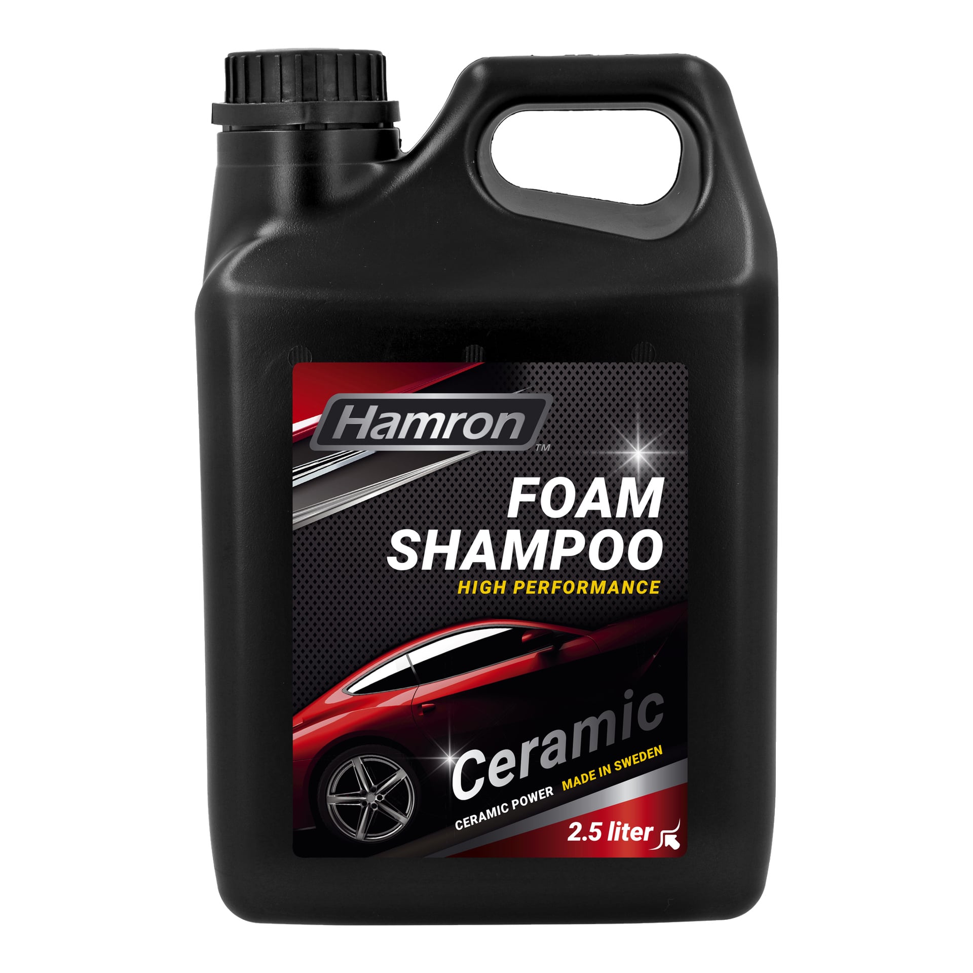 2,5-litrowa butelka szamponu Hamron Ceramic Foam Shampoo Ceramic Power z etykietą z czerwonym zdjęciem samochodu i napisem "Ceramic Power Made in Sweden." Okręt znajduje się w lewym górnym rogu.