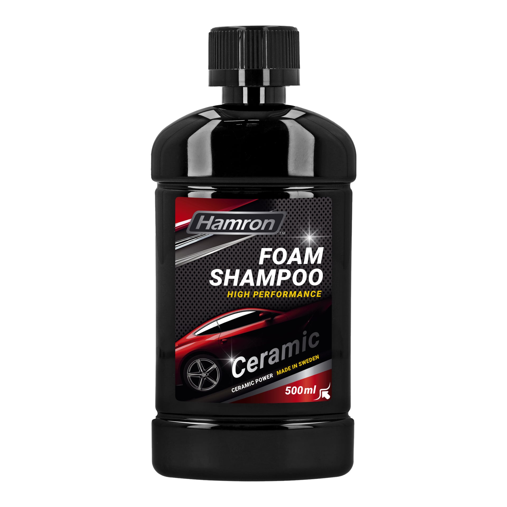 En 500 ml svart flaska Hamron Ceramic Foam Shampoo Ceramic Power, med en High Performance-etikett, en röd bilillustration och frasen "Made in Sweden" på framsidan.