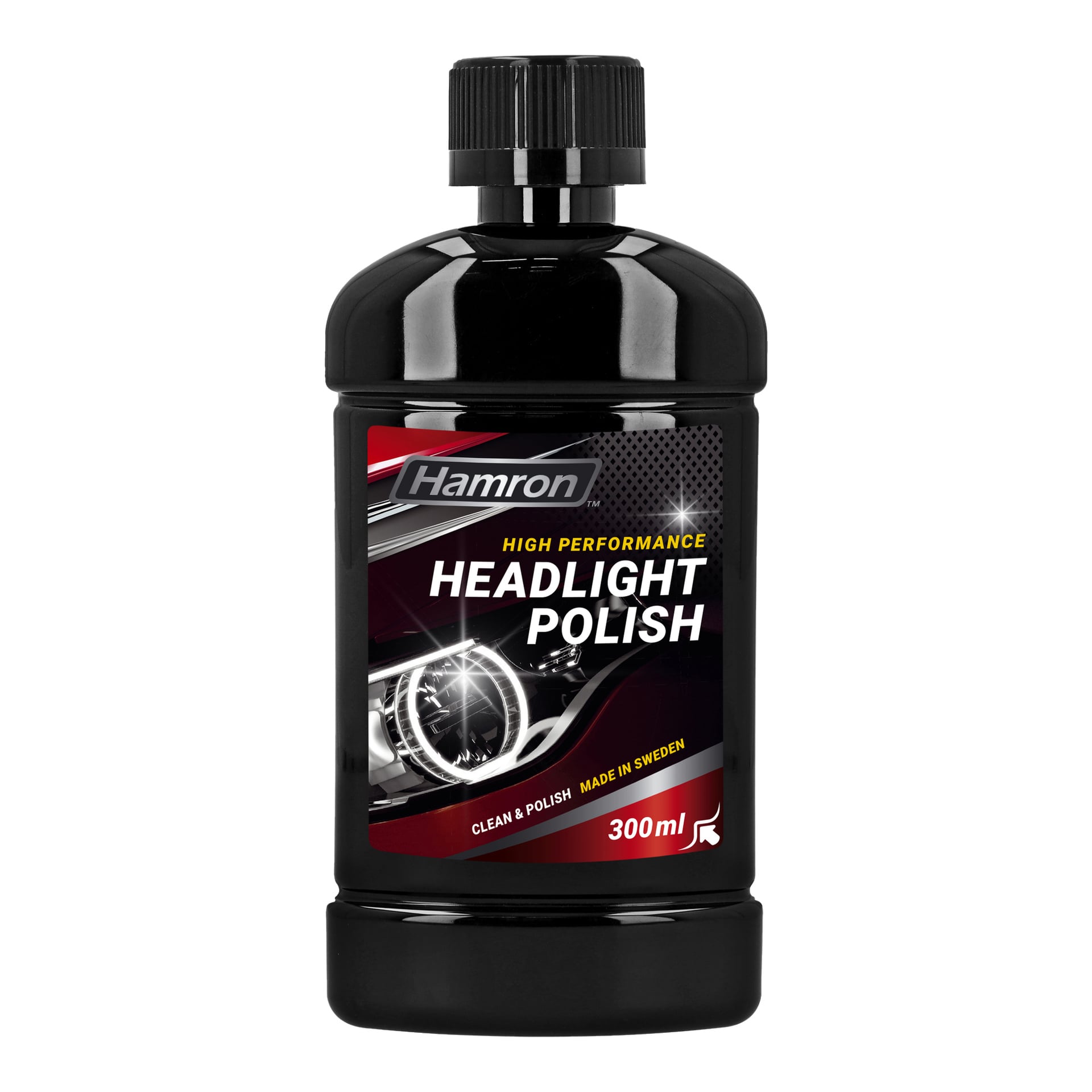 En svart plastflaska Hamron Highlight Polish Clean & Polish, 300 ml, tillverkad i Sverige, med en bild på en bilstrålkastare på etiketten.