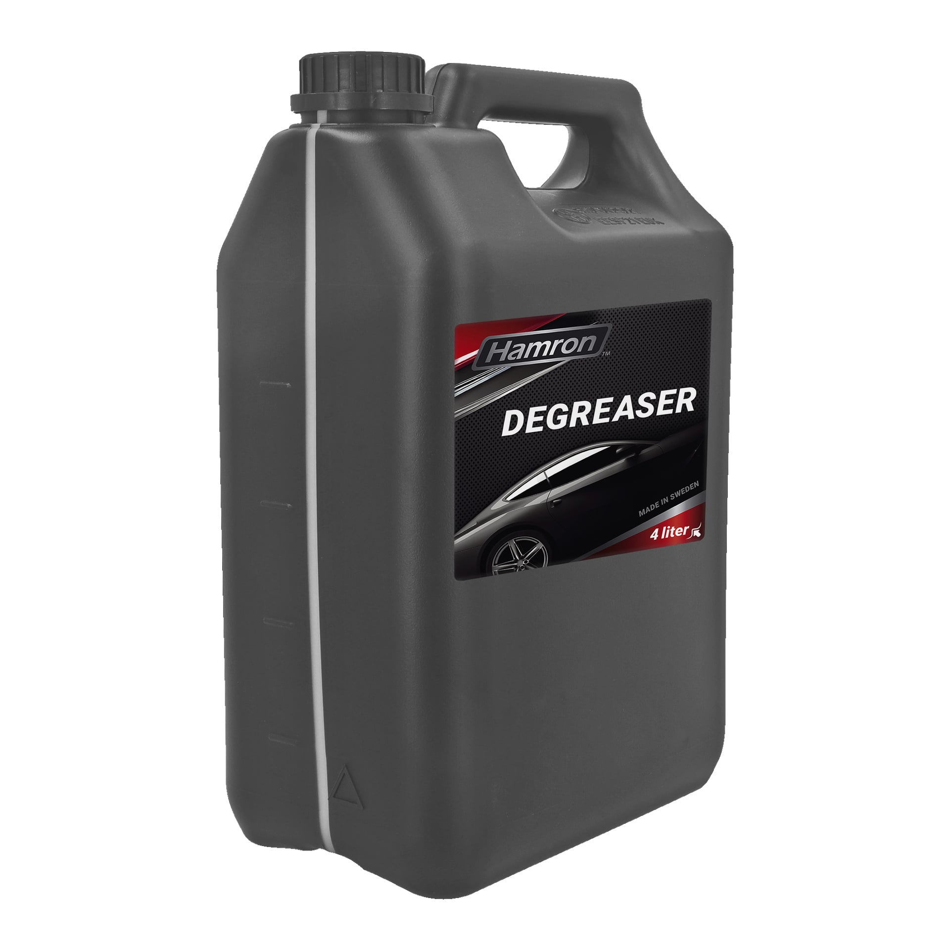 En 4-liters svart plastbehållare för Hamron Cold Degreaser med röd och svart etikett, som visar en bilgrafik, ett bärhandtag och ett skruvlock.