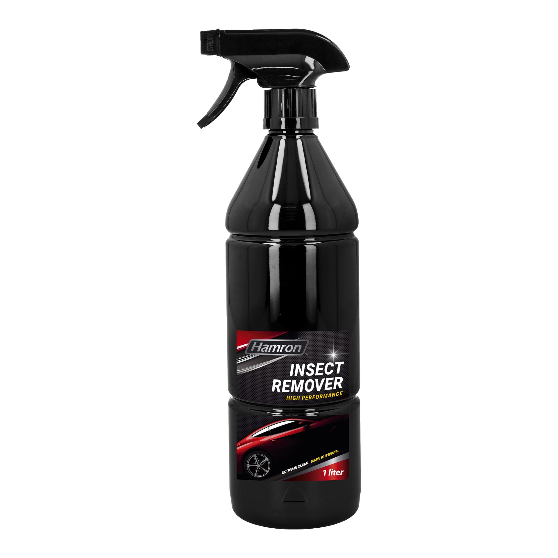 butelka z spryskiwaczem o pojemności 1 litra z napisem Hamron Insect Remover Extreme Power, przedstawiająca zdjęcie czerwonego samochodu oraz napisy podkreślające jego silne właściwości czyszczące i szwedzkie pochodzenie.