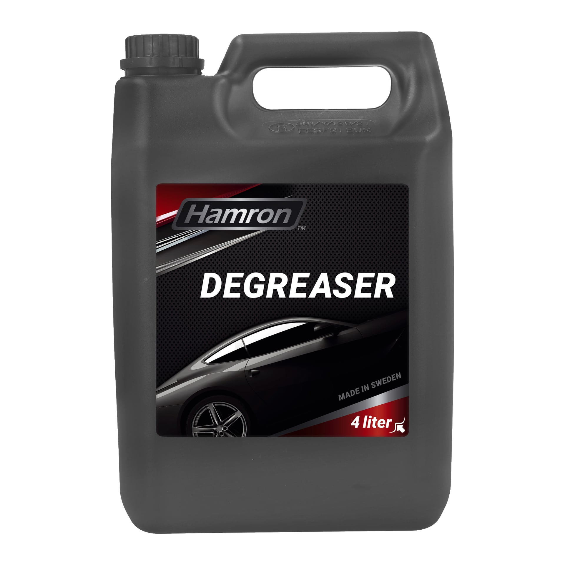 En svart 4-liters Hamron Cold Degreaser plastbehållare, med en bilsilhuett på etiketten tillsammans med det feta produktnamnet "Degreaser" och frasen "Made in Sweden."