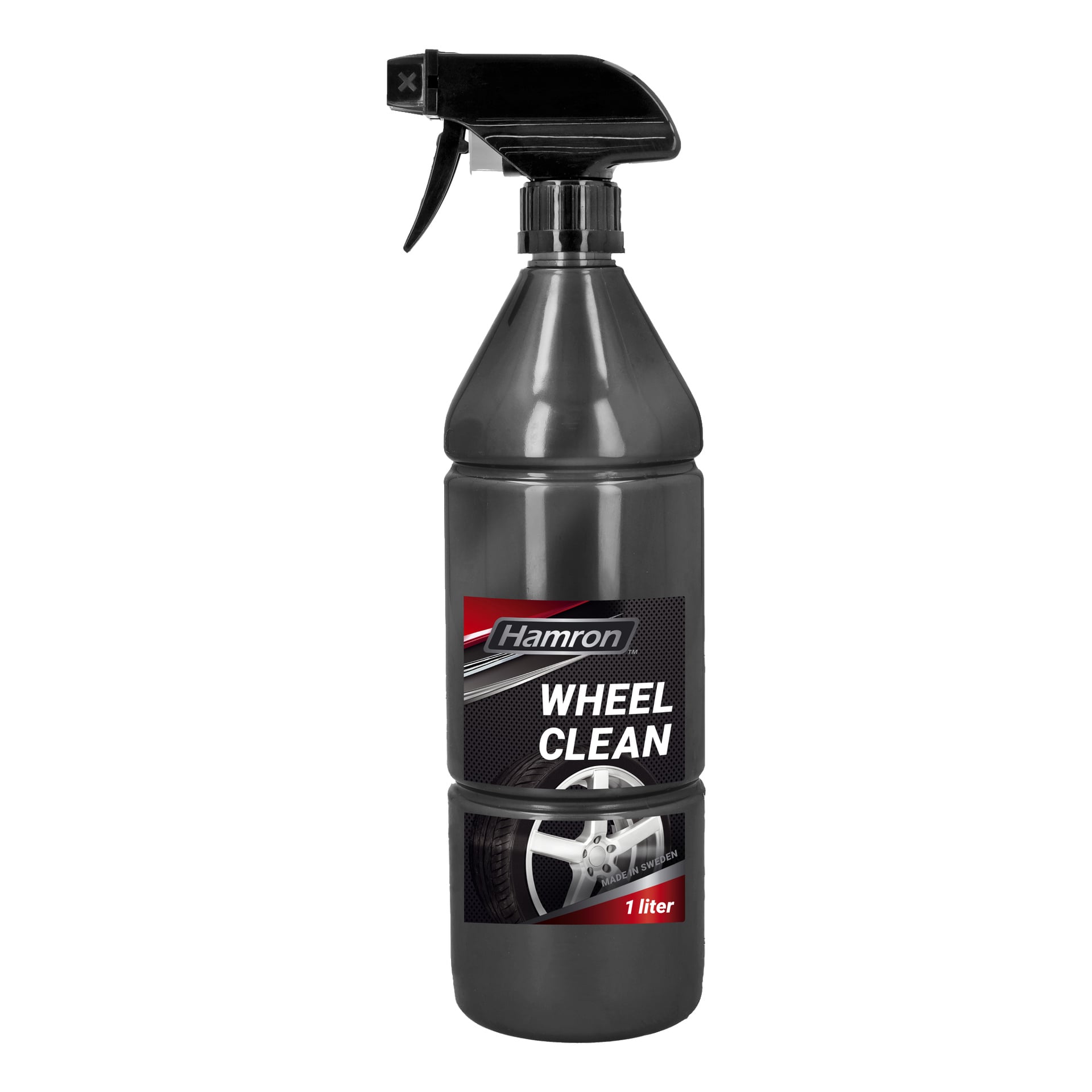 En svart sprayflaska med ett utlösarmunstycke, märkt "Hamron Rim Cleaner Wheel Clean" och visar en bild på ett bilhjul, med ytterligare text som anger att den är tillverkad i Sverige och volymen är 1 liter.