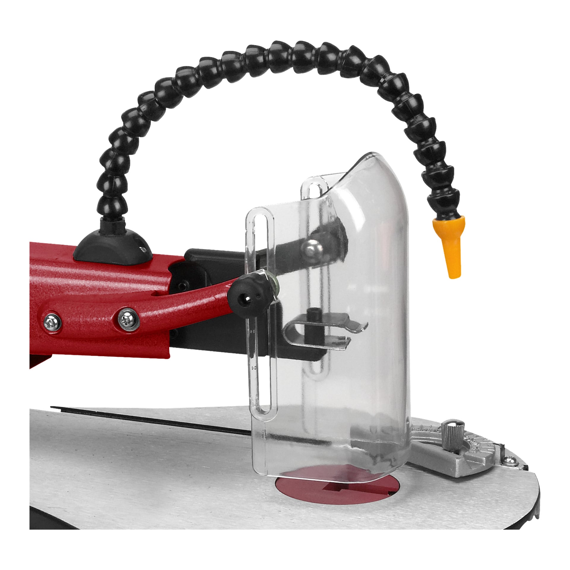 Nahaufnahme der Meec Tools Figure zeigte SO-W HOME 300 mit einem schwarzen Staubbläser, einem klaren Klingenschutz und einem roten Arm auf silberner Oberfläche.