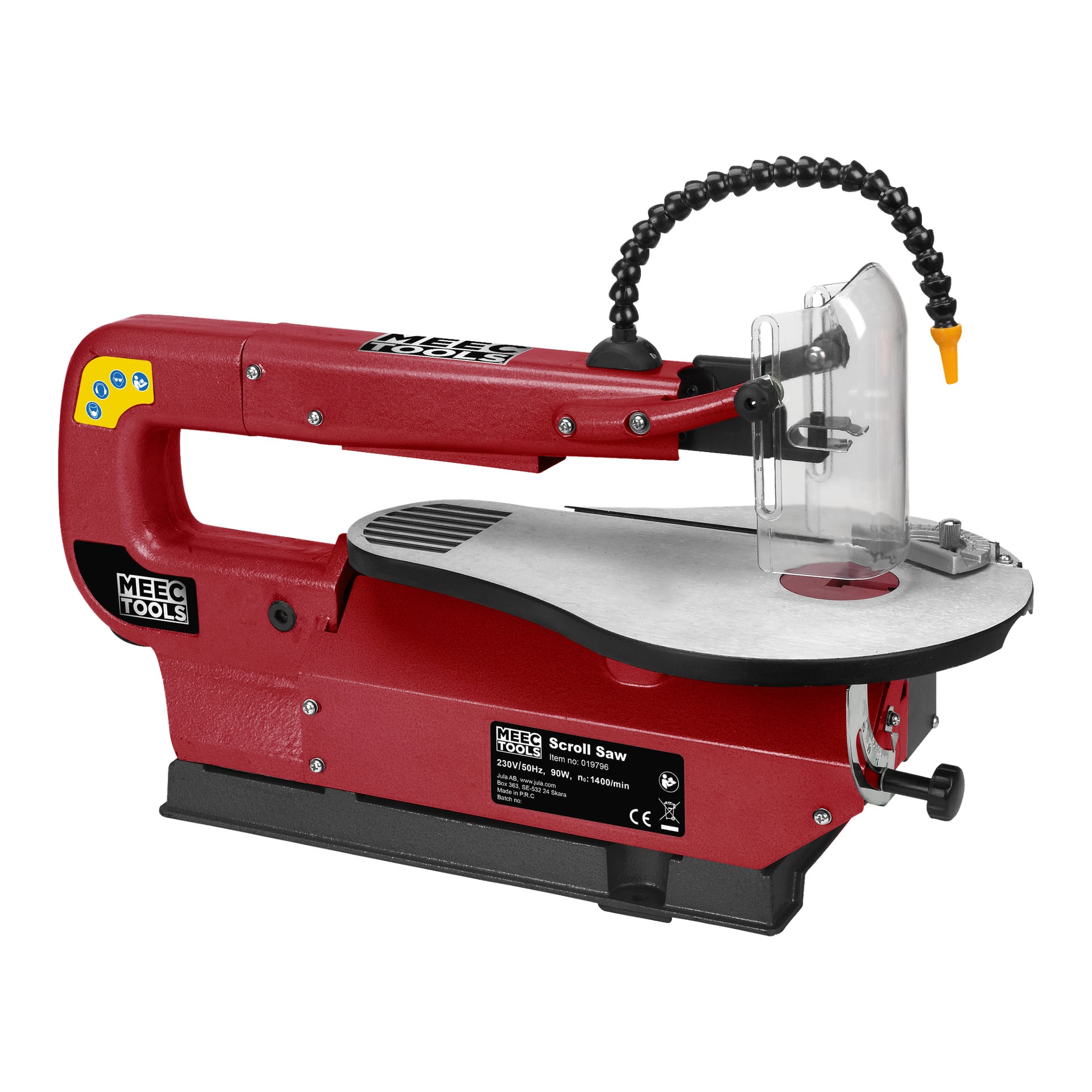 Eine rote Meec Tools Figur-Säge SO-W HOME 300 verfügt über eine silberne Arbeitsfläche, einen transparenten Klingenschutz und einen flexiblen Staubbläser.