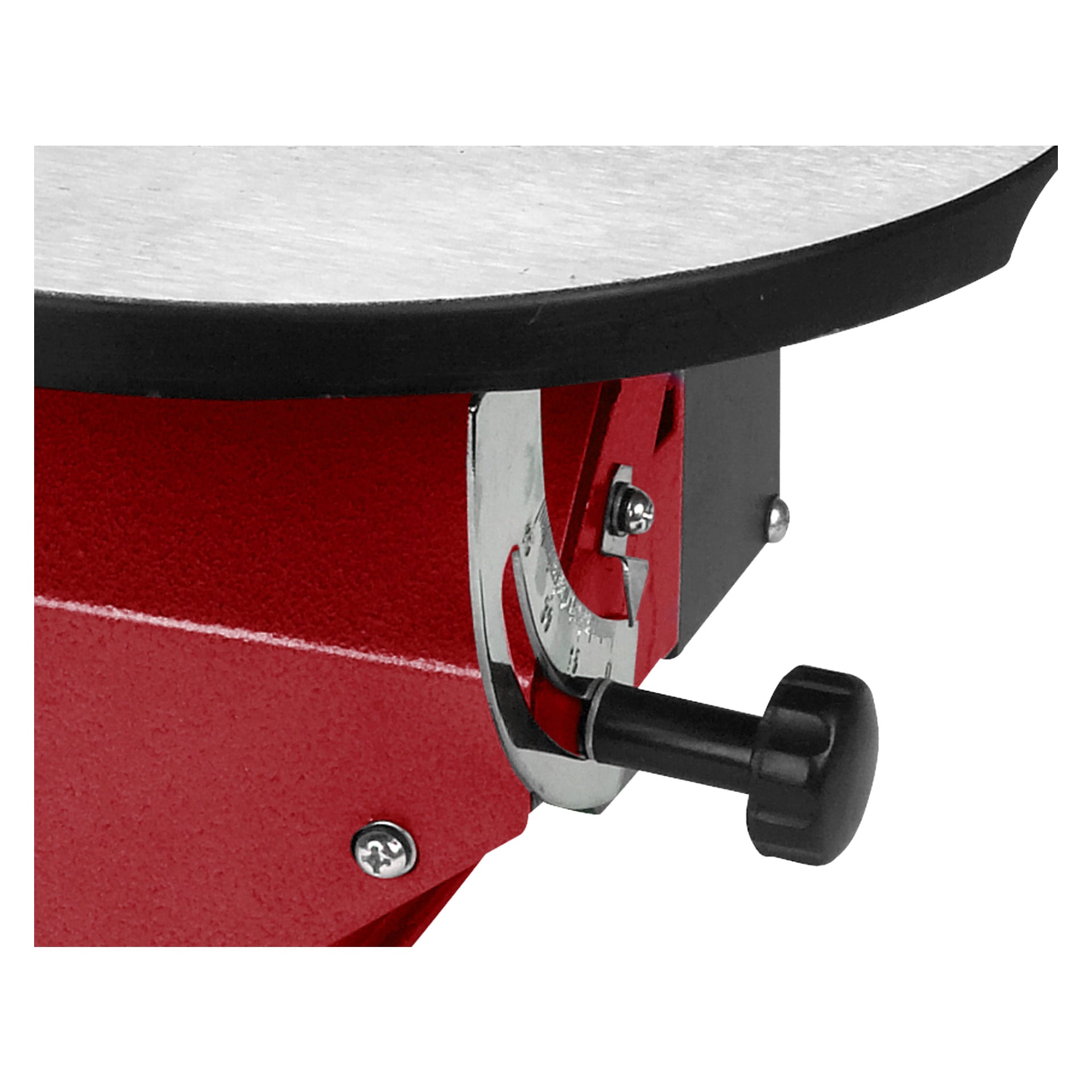 Nahaufnahme einer Meec Tools Figur zeigte SO-W HOME 300, rot und silber mit schwarzem Griff und Verstellhebel unter einer flachen, runden Oberfläche.