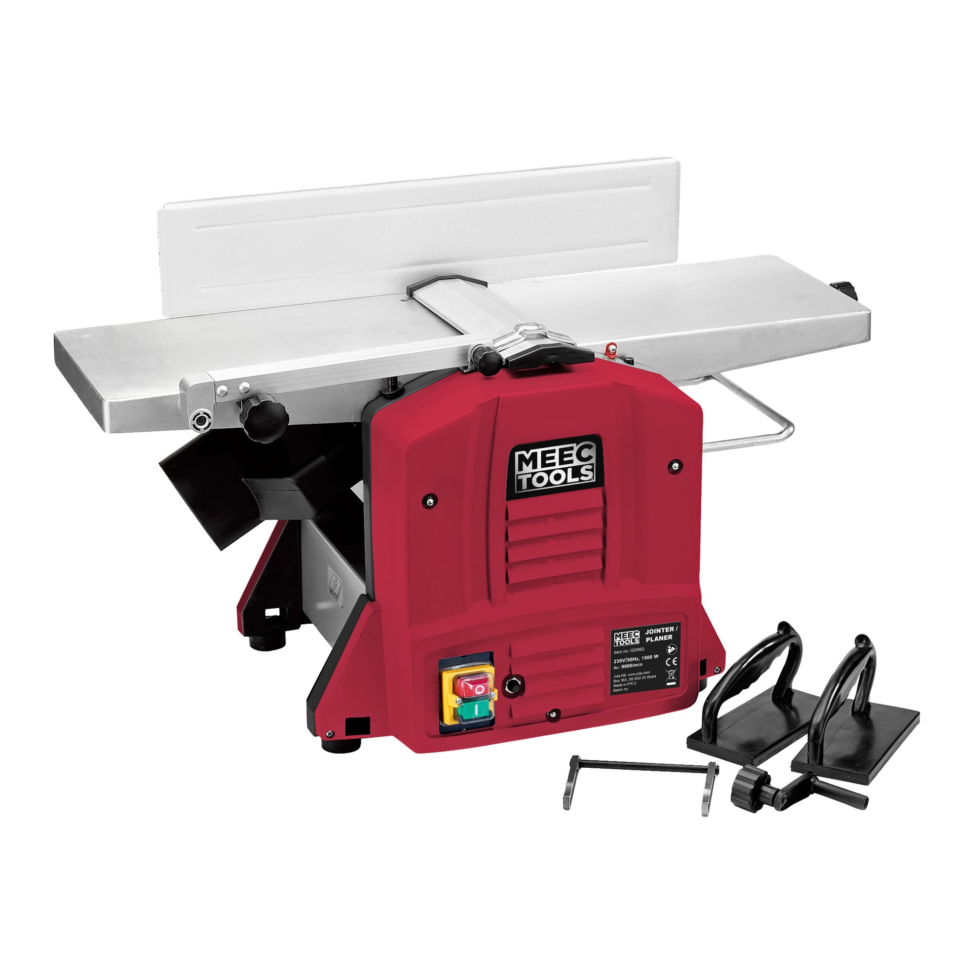 Meec Tools PL-W HOME 300 -höylä ja paksuus, jossa on metallinen pöytä, pölyaukko, kaksi työntölohkoa ja kaksi kuusiokuusioavainta lähellä.