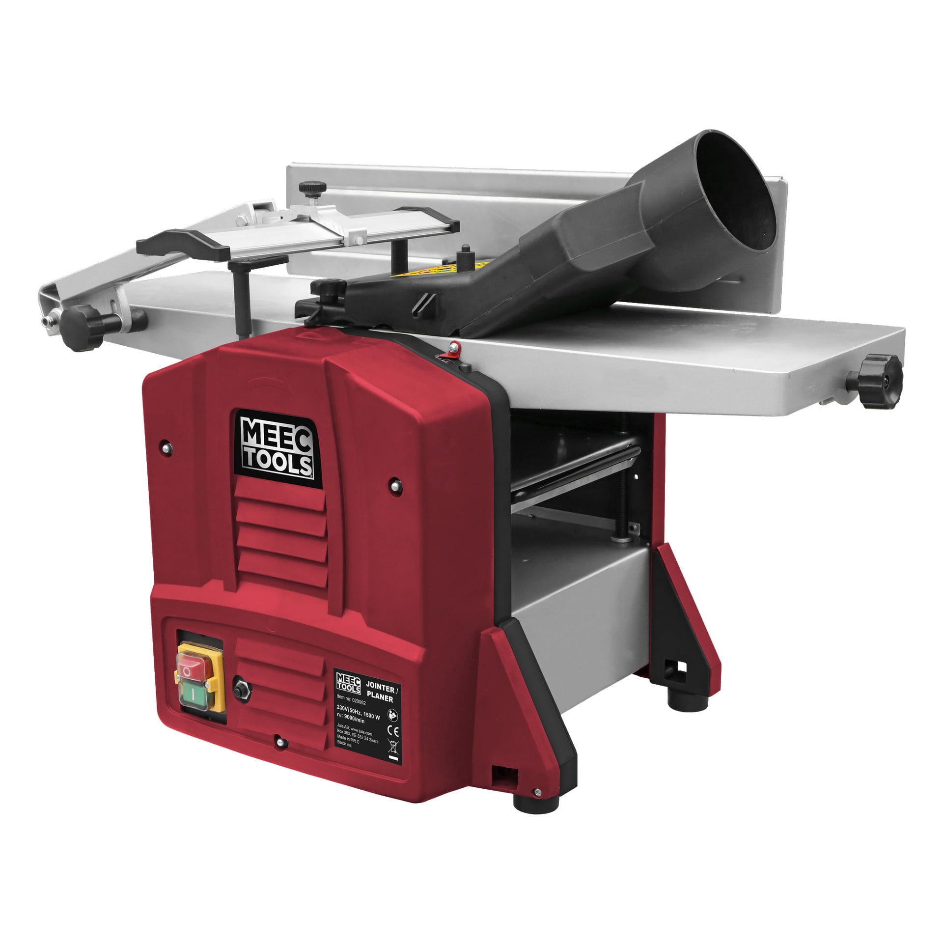 Punainen ja harmaa Meec Tools Planer and Thicknesser PL-W HOME 300 -mallissa on musta pölyaukko, turvakytkin ja säädettävät ohjaimet.