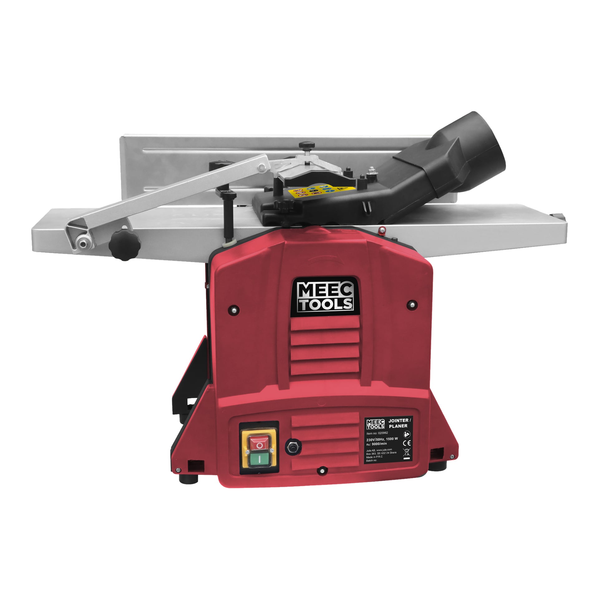 Red Meec Tools Höylä ja Thicknesser PL-W HOME 300, jossa on metallipinta, musta pölyaukko, etupainikkeet ja tuotemerkki.