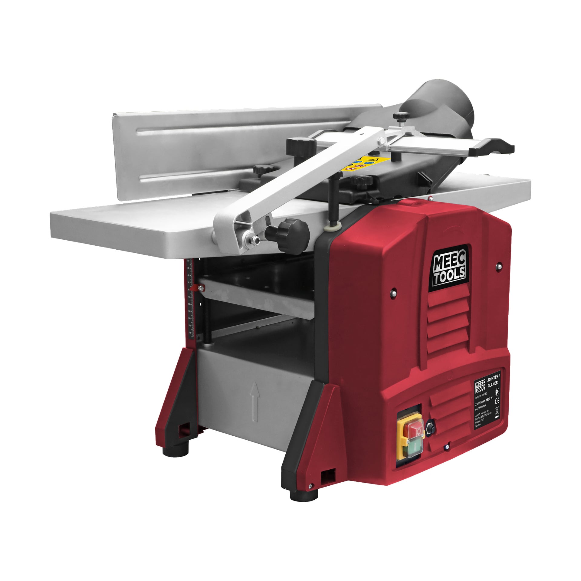 Punainen ja hopeinen Meec Tools Planer and Thicknesser PL-W HOME 300 sisältää säätönupit, turvasuojan ja etuvirtakytkimen.