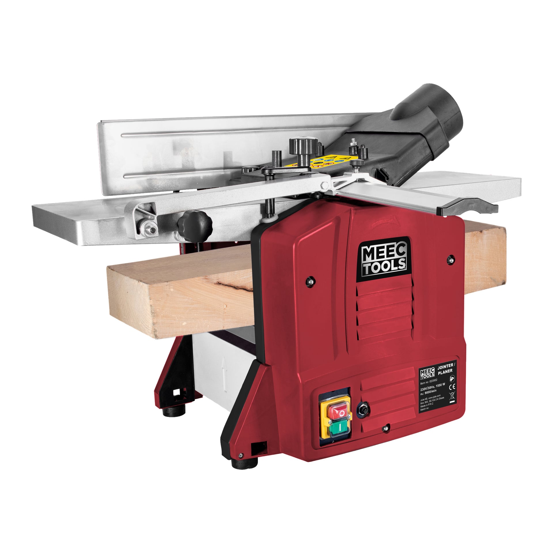 Punamusta Meec Tools Planer and Thicker PL-W HOME 300, jossa on metalliosia, kellotauluja, pölyaukkoa ja puinen lauta.