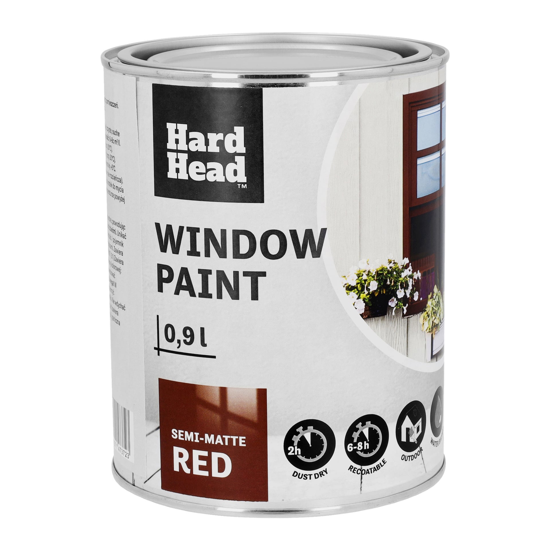 Puszka Hard Head Window Paint o pojemności 0,9 litra w półmatowych czerwonych ikonach wyświetlaczy wskazujących, że wysycha w dotyku w 2 godziny, można ją ponownie pokryć po 6–8 godzinach, nadaje się do zastosowań zewnętrznych i przedstawia obraz pomalowanego okna.