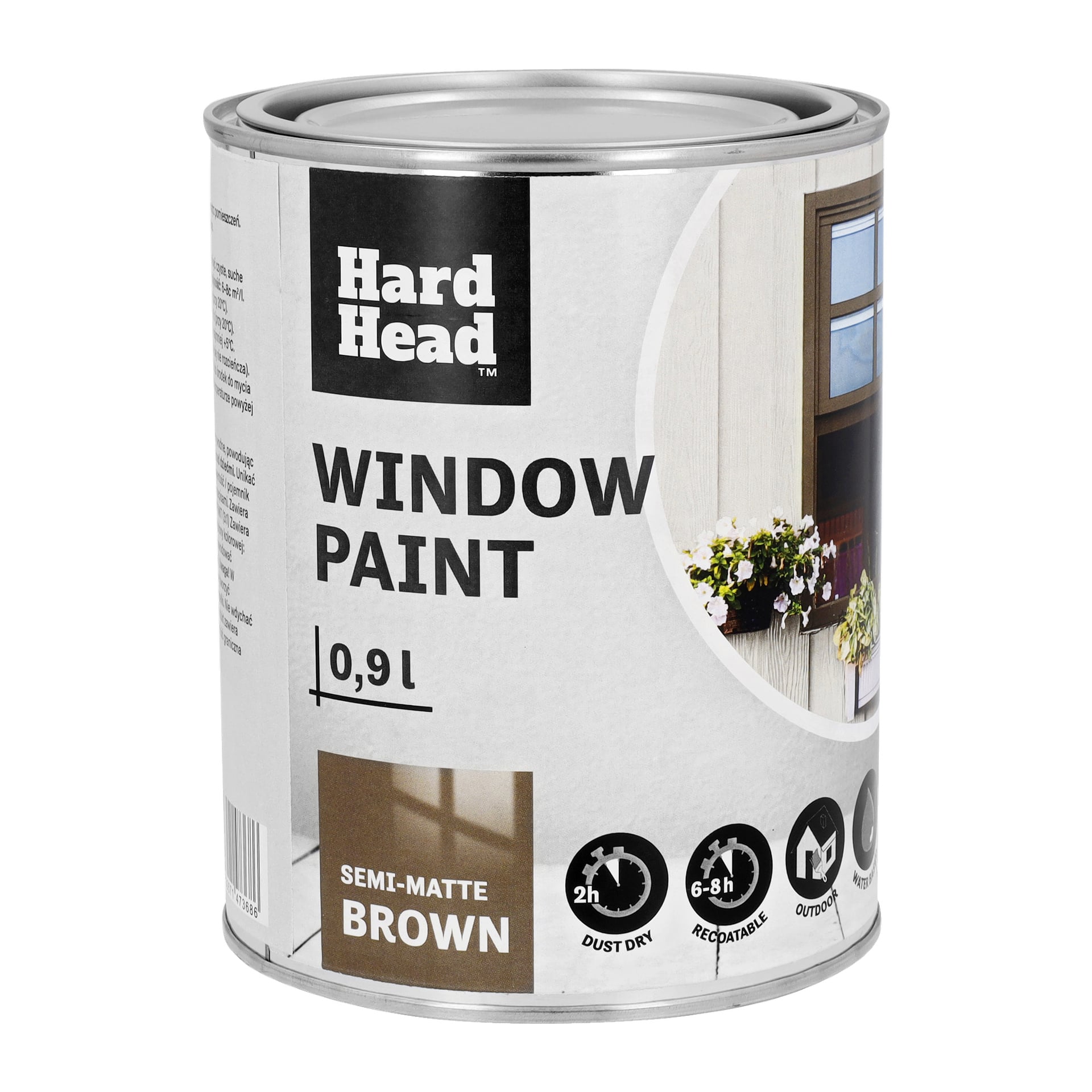 0,9 litran Hard Head Window -maalipurkki puolimattaruskeana. Etiketissä on maalattu ikkuna ja kuvakkeet, joissa pöly kuivuu 2 tunnissa, kuivuu 6–8 tunnissa, ulkokäytössä ja vedenkestävä.