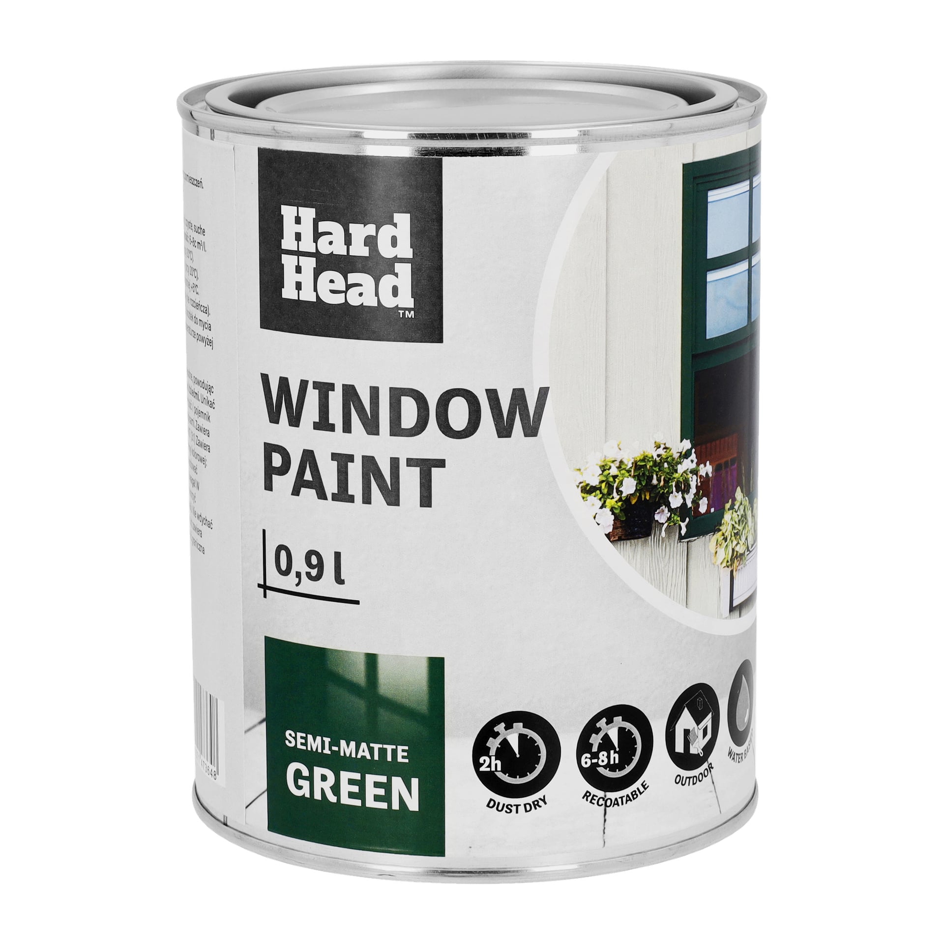 En 0,9L boks med Hard Head Window-maling i semimatt grønn. Etiketten viser bruksikoner og et bilde av et grøntmalt vindu med blomsterkasser, sammen med teksten Window paint.