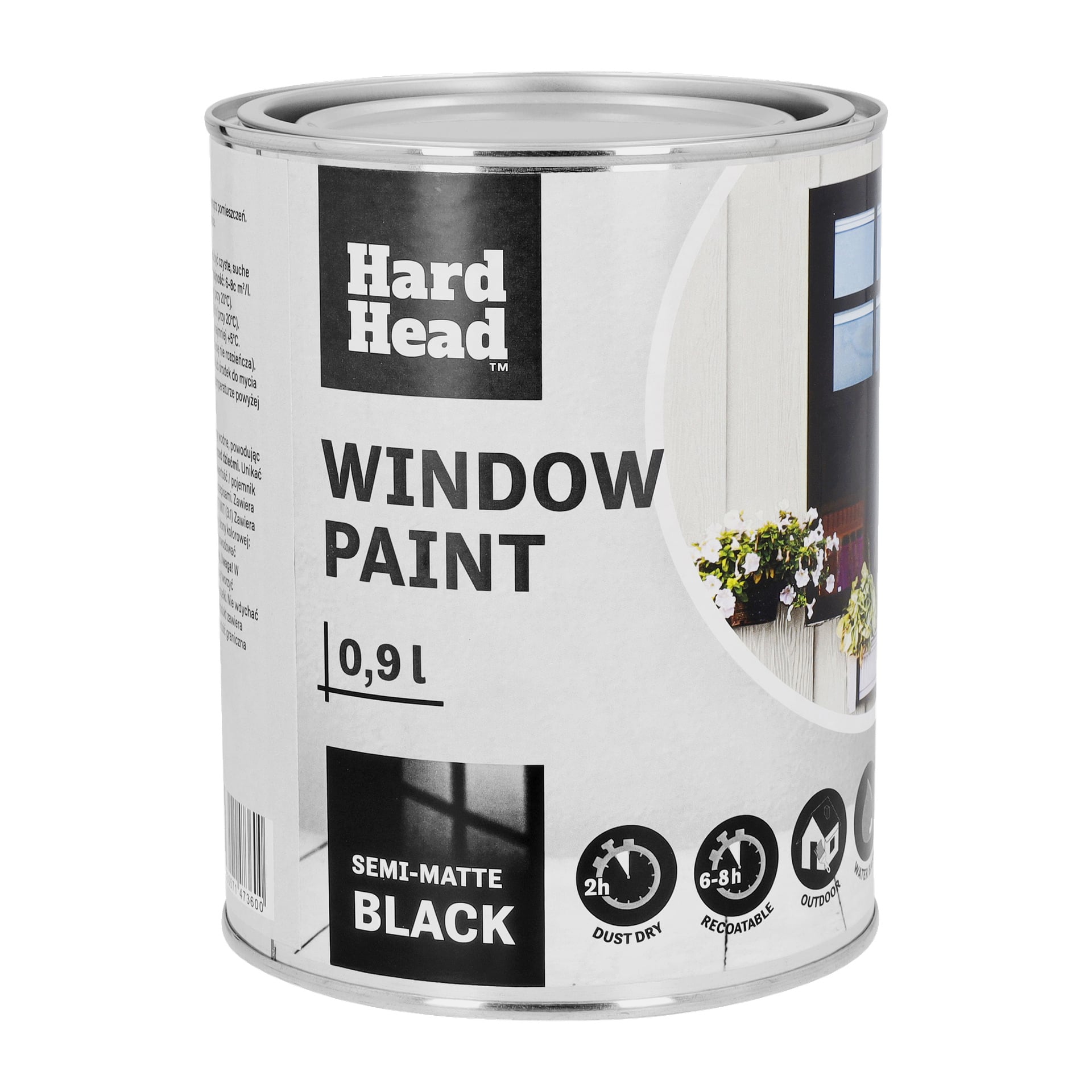 0,9 litran Hard Head Window -maalipurkki, puolimattamusta. Etiketissä on kuvakkeet 2h pölyn kuivaksi, uudelleen maalattavissa 6–8 tunnissa ja ulkokäyttöön. Kuvassa on myös ikkuna, jossa on kukkia.