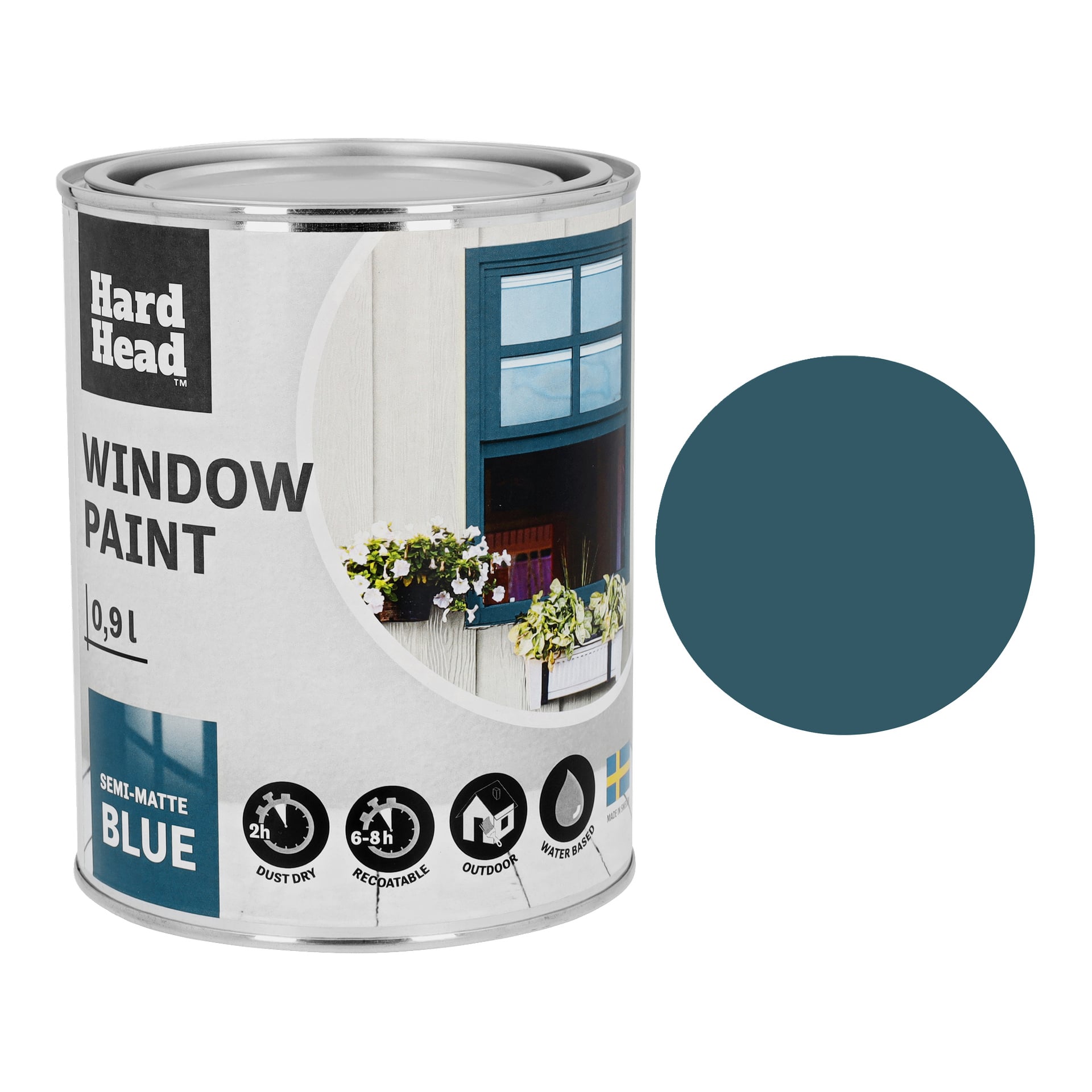 En 0,9-liters burk Hard Head Window Paint i halvmatt blått, med en etikett som visar illustrationer av ett fönster och växter. Bredvid burken finns en helblå cirkel som visar färgen.