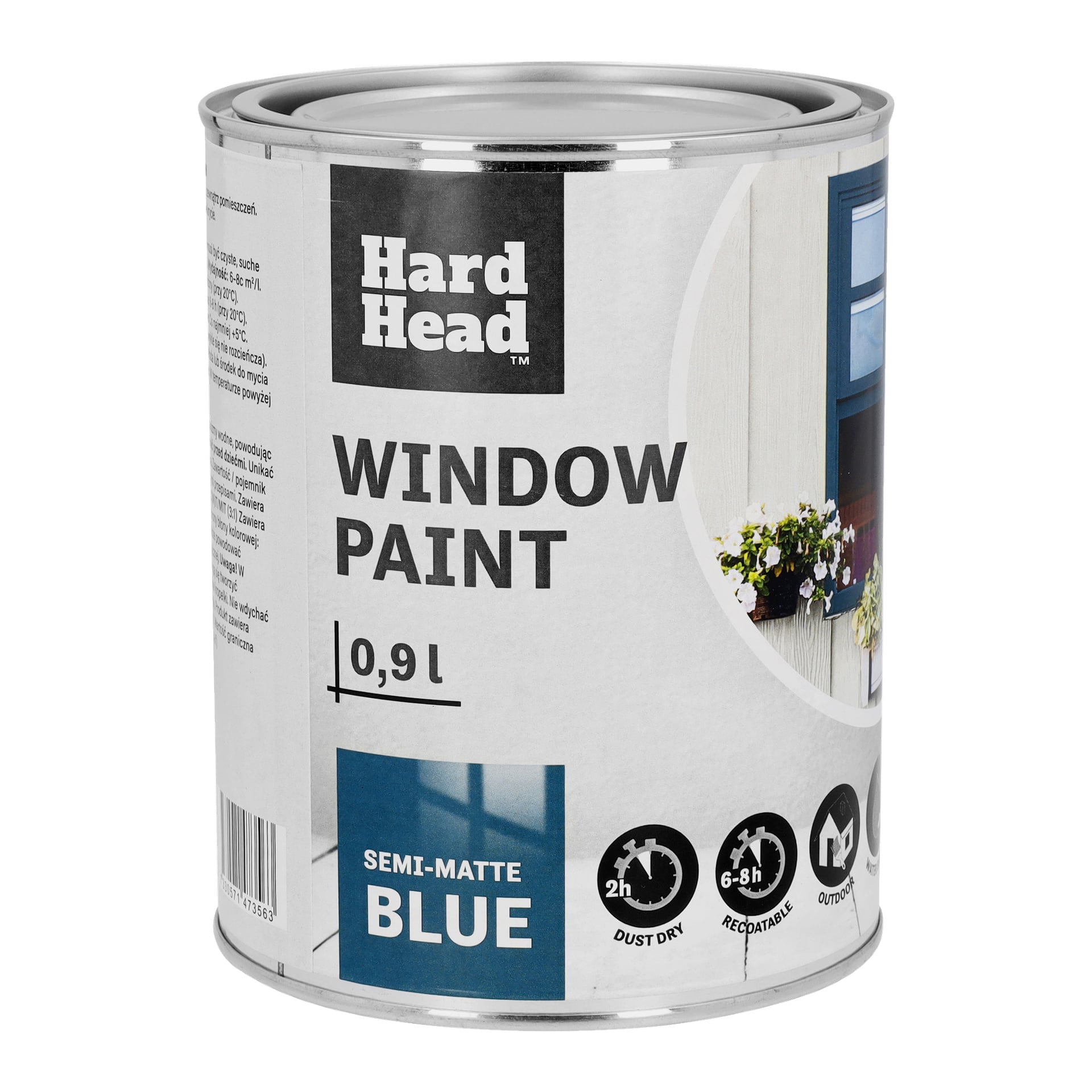 En 0,9-liters burk Hard Head Window Paint i semimatt blå visar ikoner som visar att den torkar vid beröring på 2 timmar, kan bemålas om efter 6–8 timmar och är avsedd för utomhusbruk. Etiketten har också en illustration av ett blått fönster dekorerat med blommor.