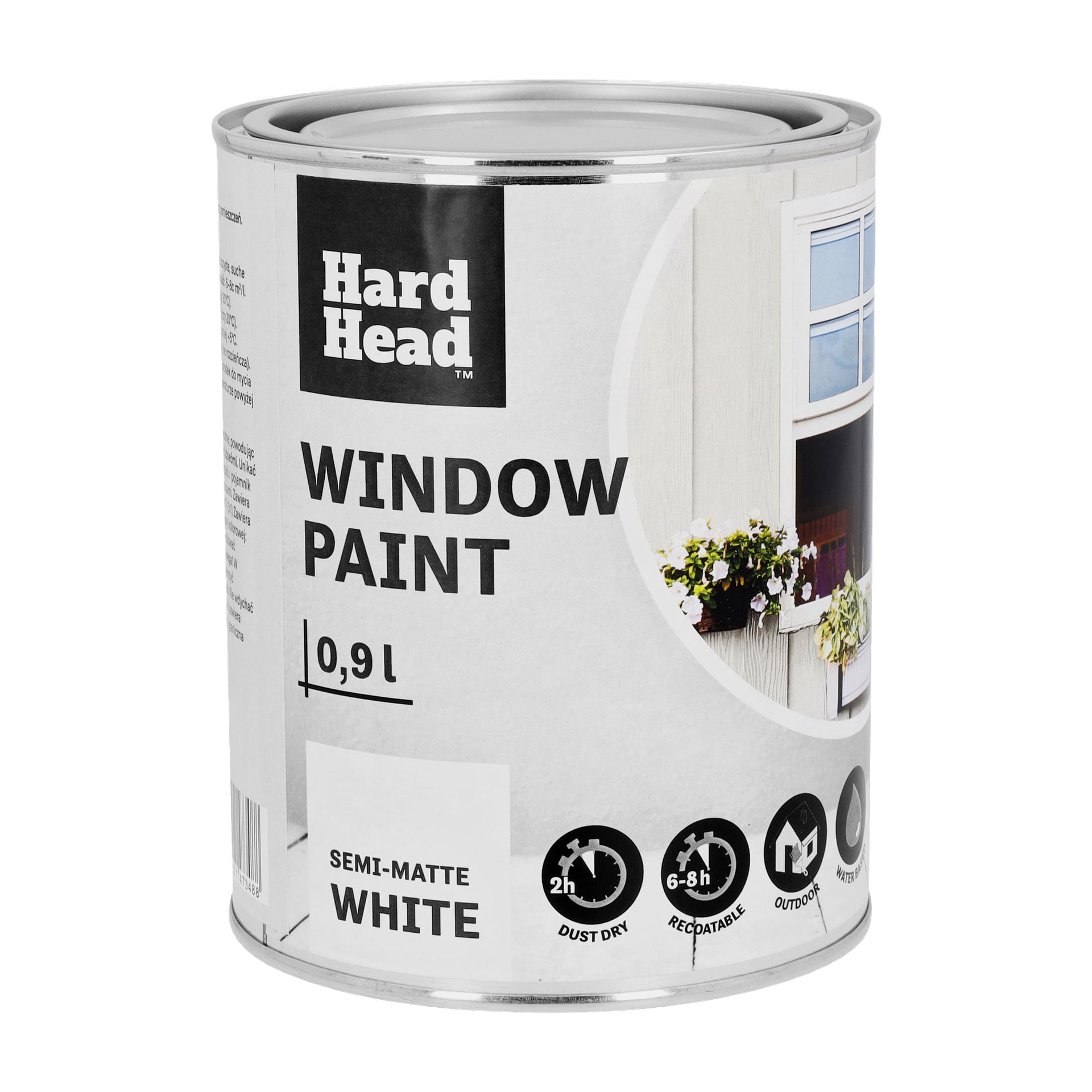 0,9 litran purkki Hard Head Window -maalia puolimattavalkoisena näyttää kuvakkeet 2 tunnin pölykuiviksi, uudelleen maalattavissa 6–8 tunnin jälkeen ja ulkokäytössä, sekä kuva maalatusta ikkunasta etiketissä.