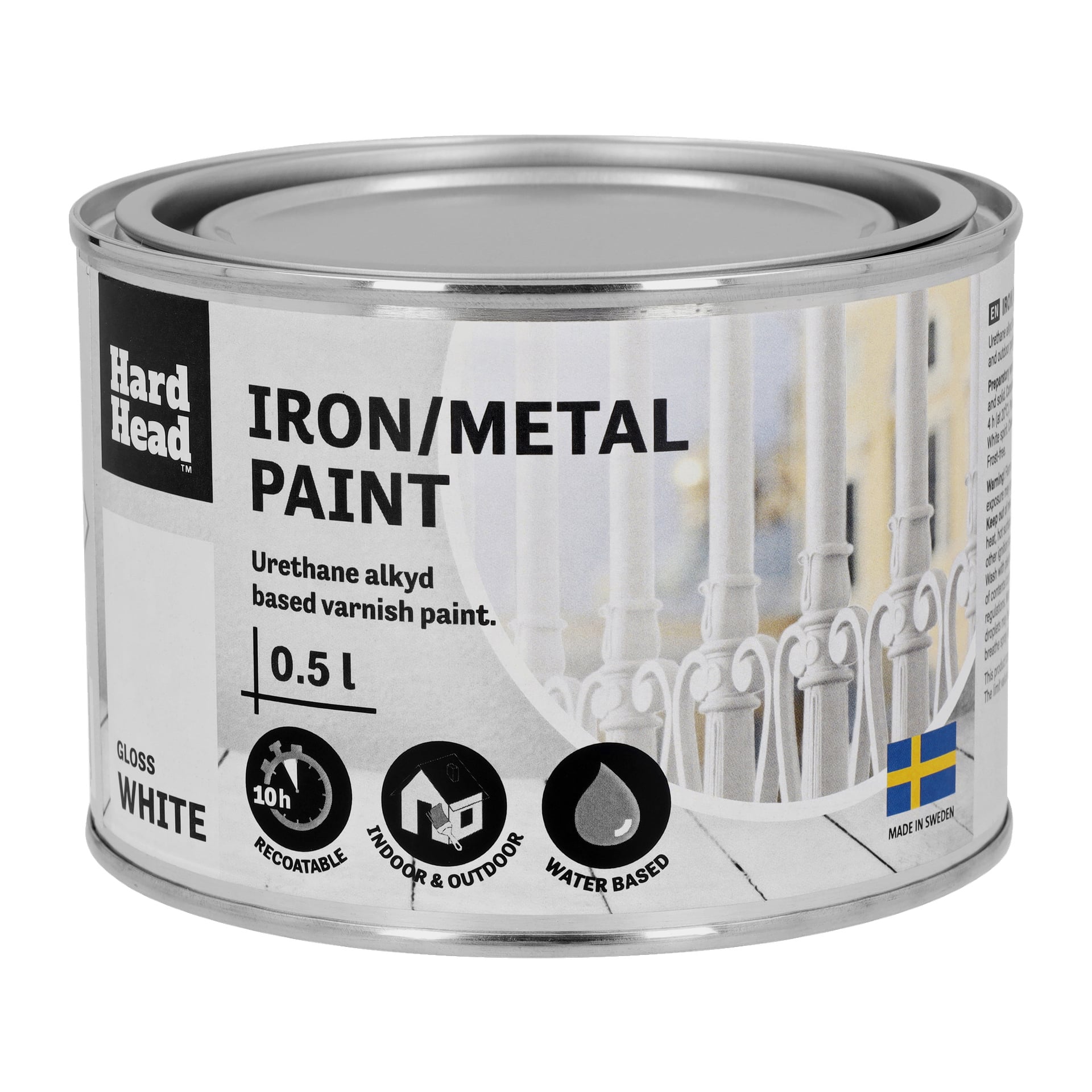 En 0,5-liters boks med Hard Head blank hvitt jern og metallmaling, som viser frem en uretanalkyd, vannbasert formel som tillater omlegging og er designet for både innendørs og utendørs bruk. Etiketten inkluderer bruksikoner.