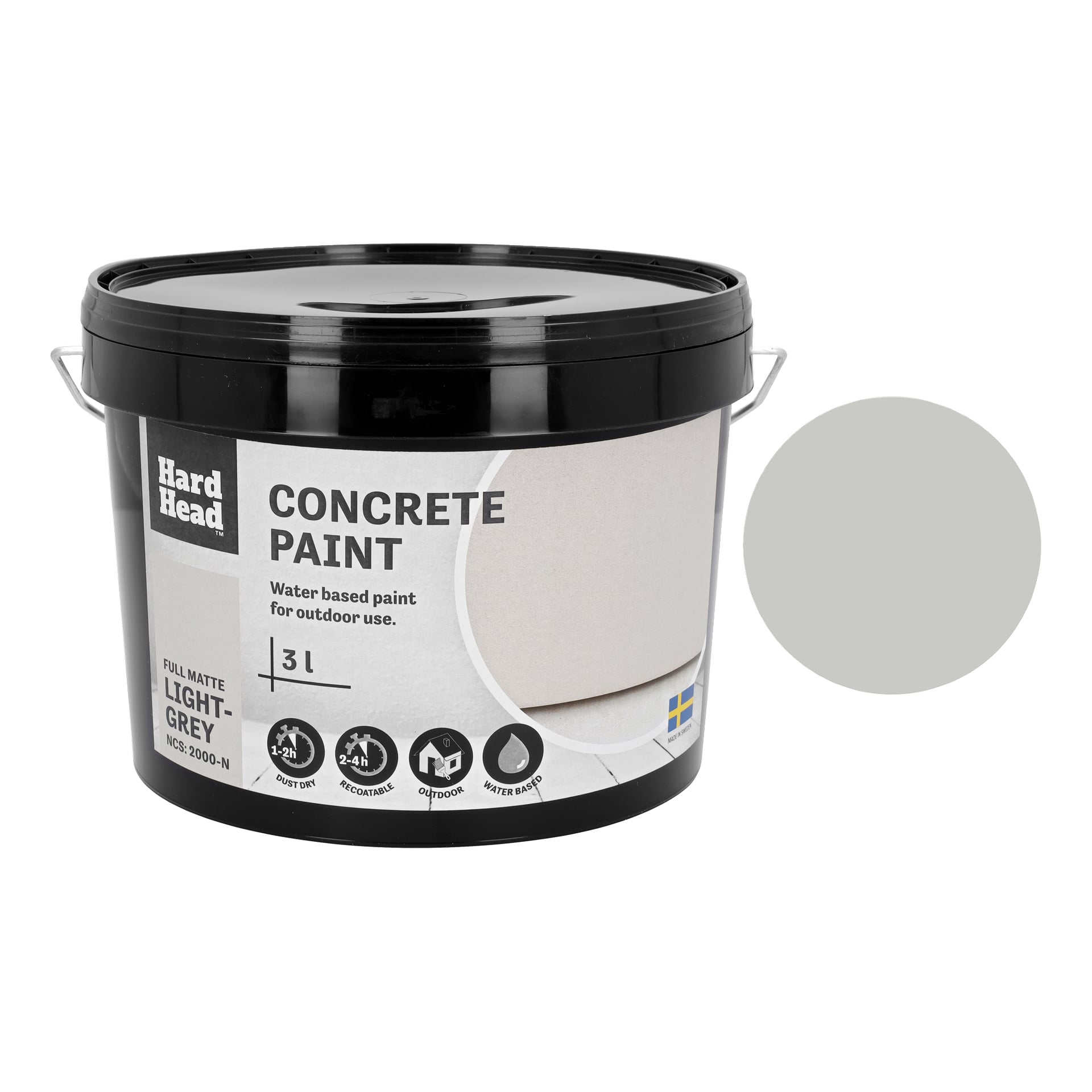 En 3-liters Hard Head Concrete-färghink i ljusgrått. Etiketten säger: vattenbaserad, för utomhusbruk, full matt finish och vattenresistent.
