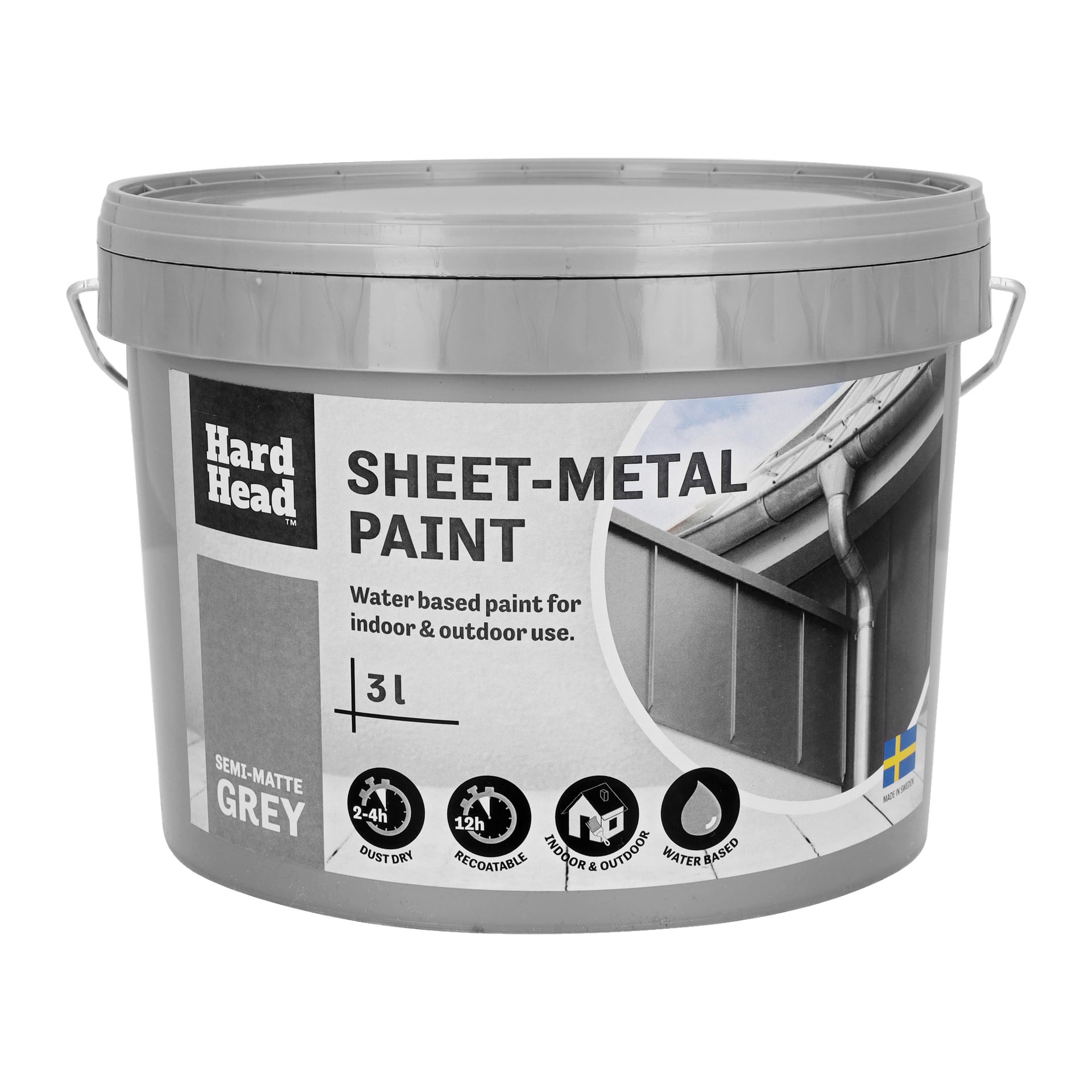 En 3-liters grå plastbeholder med Hard Head Sheet-metal Paint, annonsert for både innendørs og utendørs bruk. Produktet er vannbasert med et semimatt grått utseende og viser et bilde av en metallrenne malt i samme nyanse.