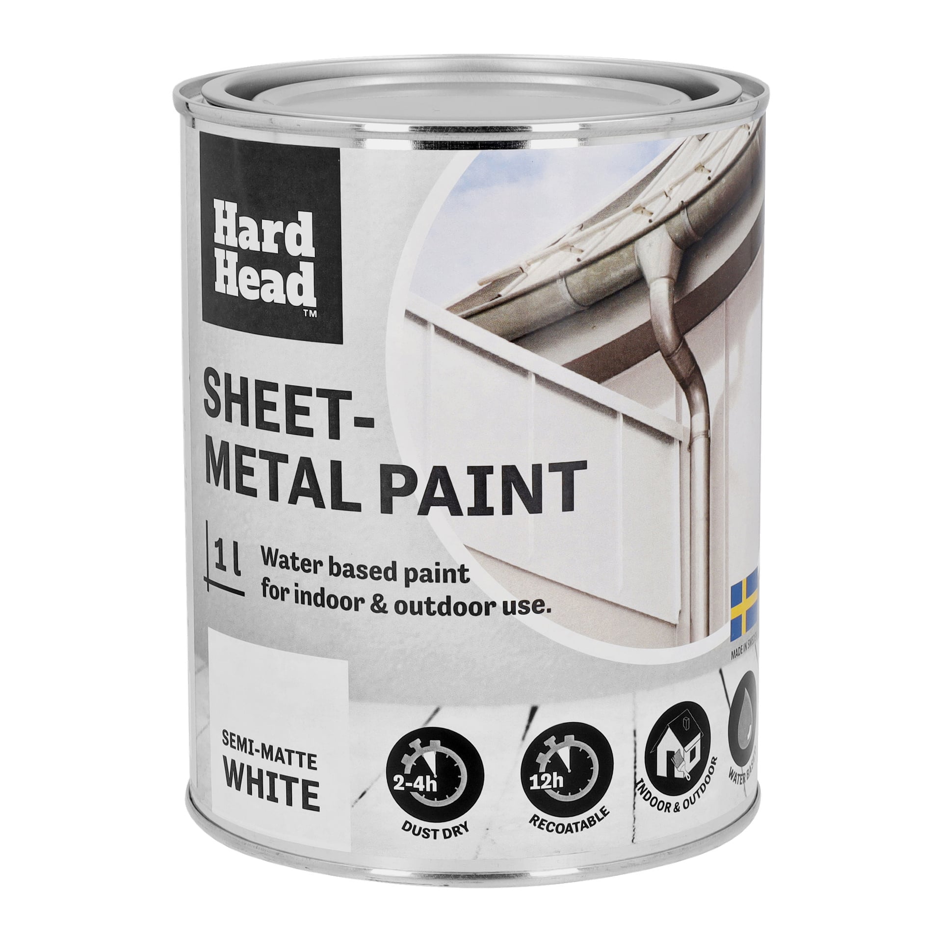 Puszka 1-litrowej farby Hard Head Sheet-metal, półmatowa, do użytku wewnątrz lub na zewnątrz. Etykieta przedstawia budynek z rynnami. Tekst na puszce: Suszyć w 2–4 godziny, ponownie pokryć w 12 godzin.