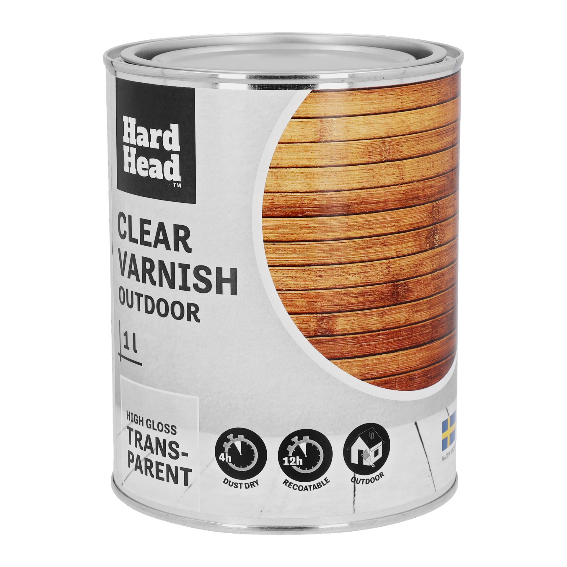 En 1-liters burk Hard Head Outdoor klar lack för utomhusbruk, med en högblank transparent finish. Etiketten visar trä, torktidsikoner och en svensk flagga i nedre högra hörnet. Texten på burken inkluderar Outdoor, Clear Varnish och High Gloss.
