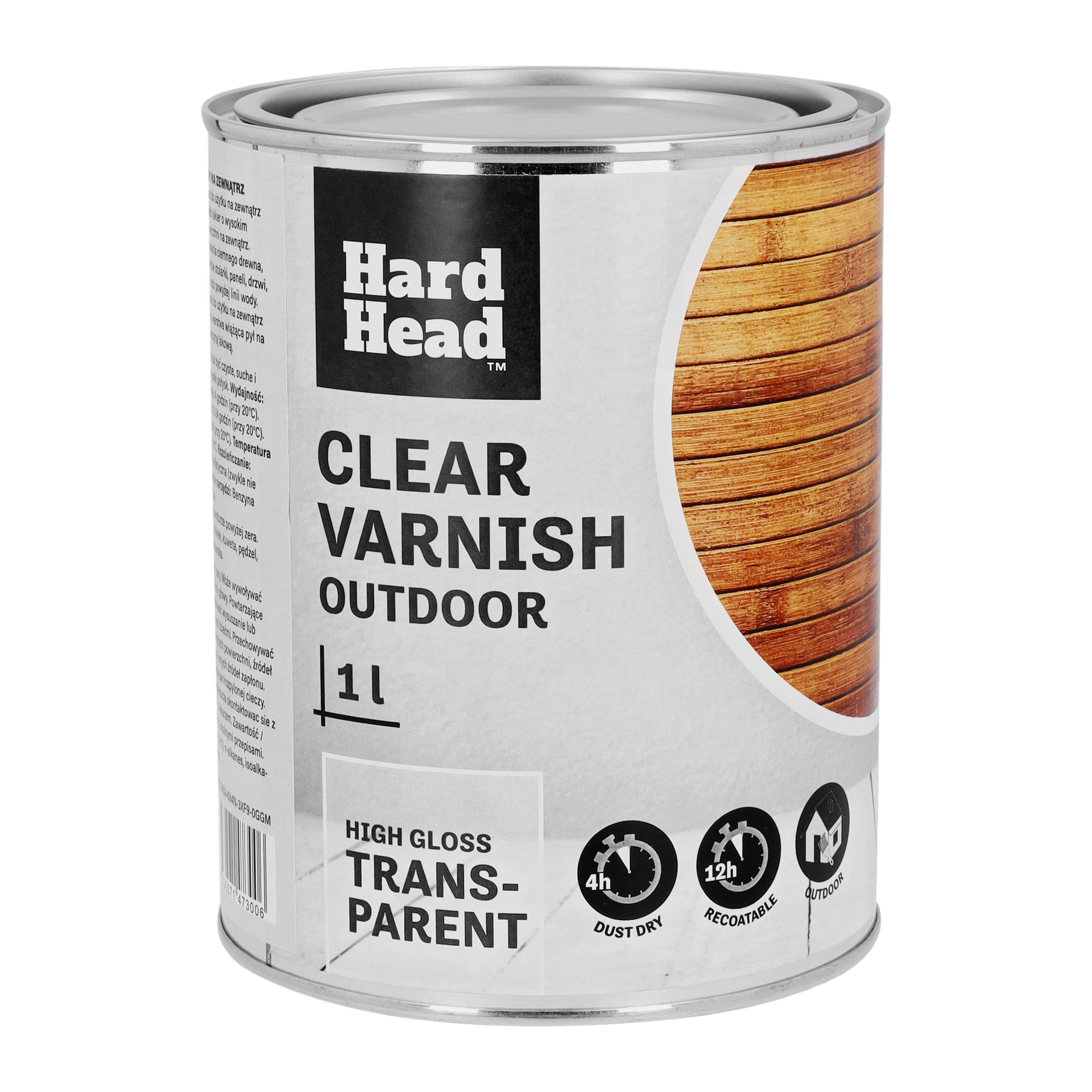 En 1L metallburk med Hard Head Outdoor klar lack, beskriven som högglansig och transparent. Etiketten säger: Dammtorka på 4 timmar och kan lackas om på 12. Den är markerad som lämplig för utomhusbruk. Etiketten visar en bild av en träplanka.
