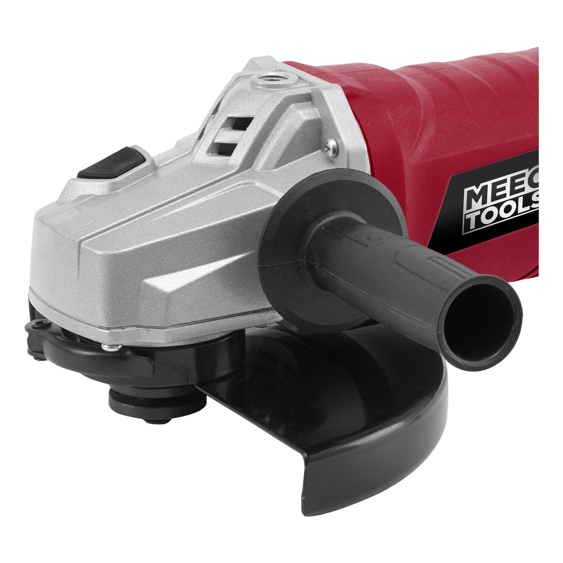 Nahaufnahme eines rot-silbernen Meec Tools Winkelschleifers AG-W HOME 500 mit schwarzem Seitenstiel, Schneidscheibenschutz und Meec Tools Logo.