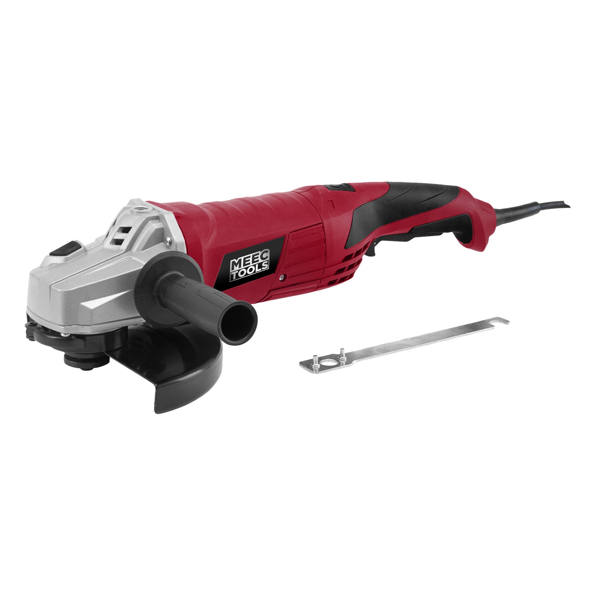 Ein rot-schwarzer Meec Tools Winkelschleifer AG-W HOME 500 mit abnehmbarem Seitengriff und Metallschlüssel zum Scheibenwechsel.