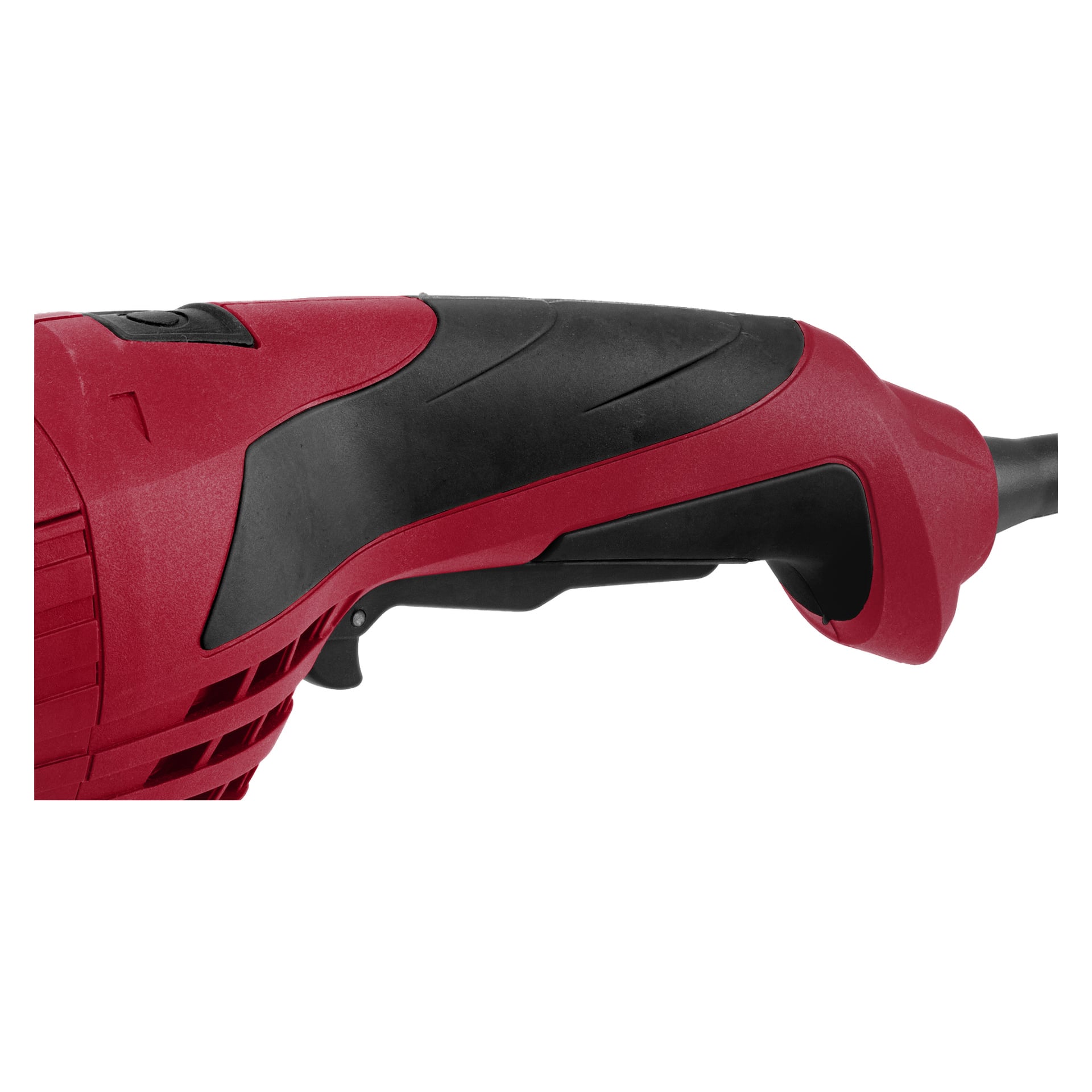 Nahaufnahme des Griffs und Abzugs auf dem rot-schwarzen Meec Tools Winkelschleifer AG-W HOME 500.