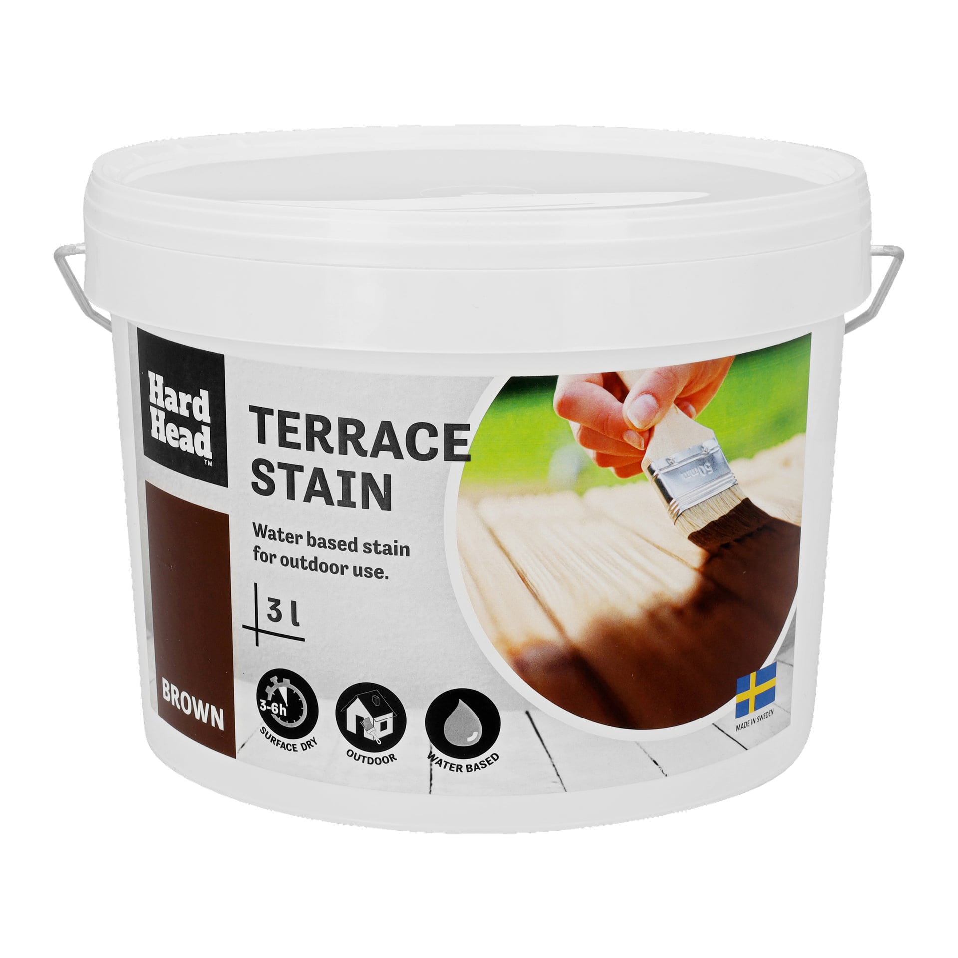 3L Hard Head Terrace -väriämpäri, jonka etiketissä on kuva siveltimestä, joka levittää ruskeaa petsiä puuhun. Etiketissä on kuvakkeet vesipohjaiseen, ulkokäyttöön ja ruskeaan väriin. Oikeassa alakulmassa näkyy Ruotsin lippu.