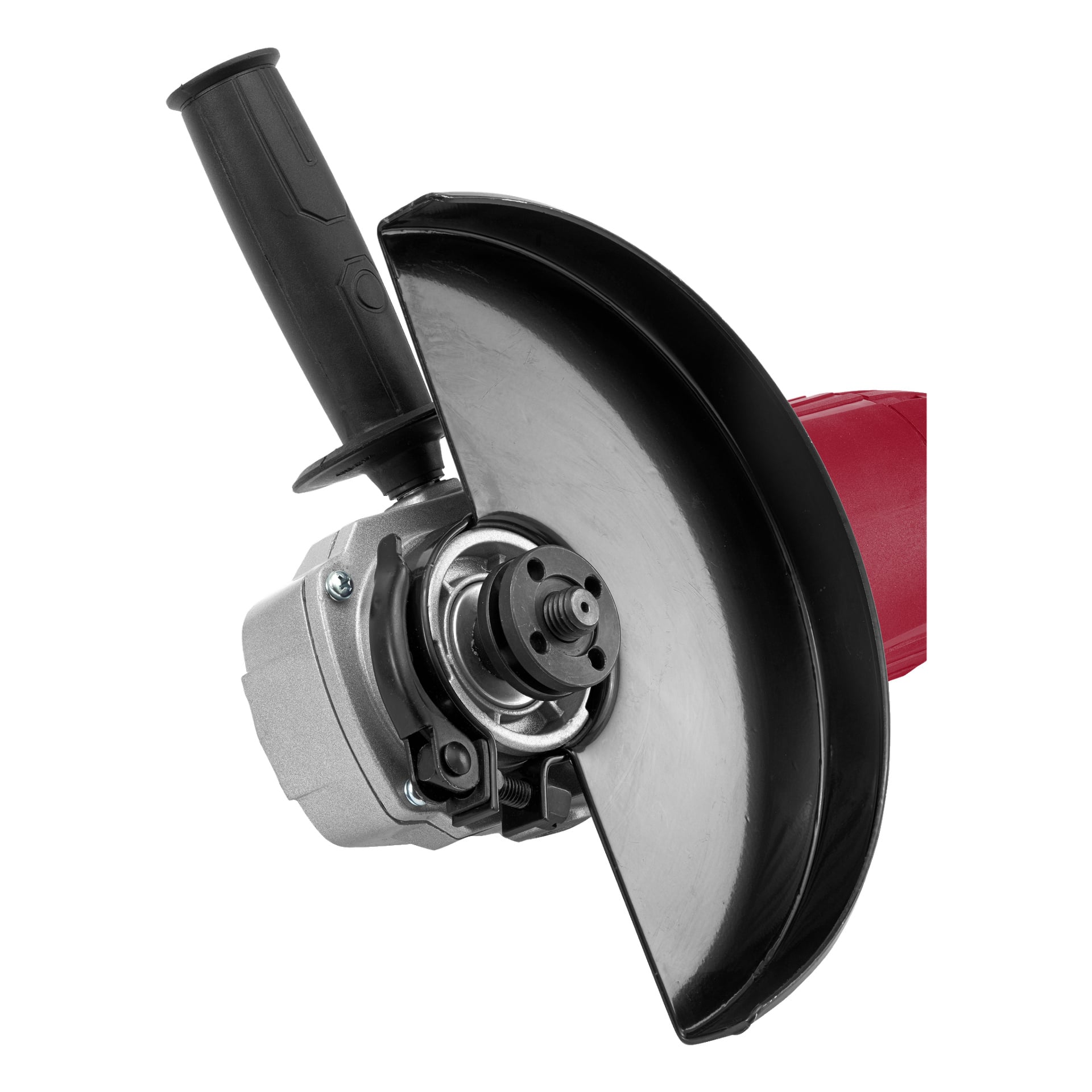 Nahaufnahme des Meec Tools AG-W HOME 500 Winkelschleifers mit rotem Korpus, schwarzem Sicherheitsschutz und Seitengriff. Keine Scheibe angehängt.