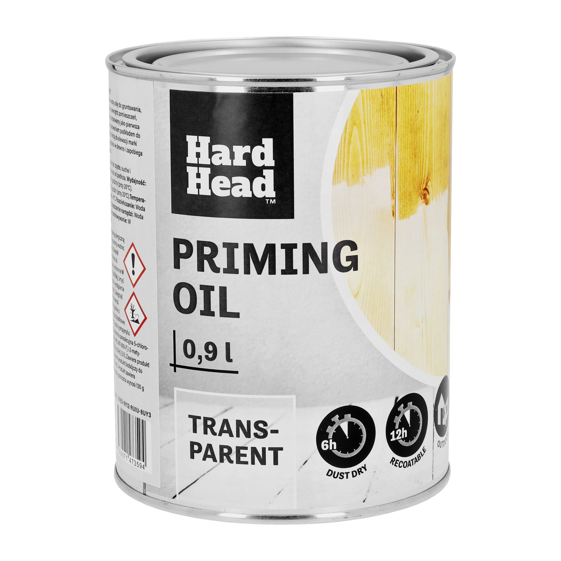 En 0,9 liters boks med Hard Head Priming-olje med gjennomsiktig etikett, som viste ikoner merket 6-timers støvtørr og 12-timers omlakkerbar, sammen med et bilde av en delvis malt treoverflate.