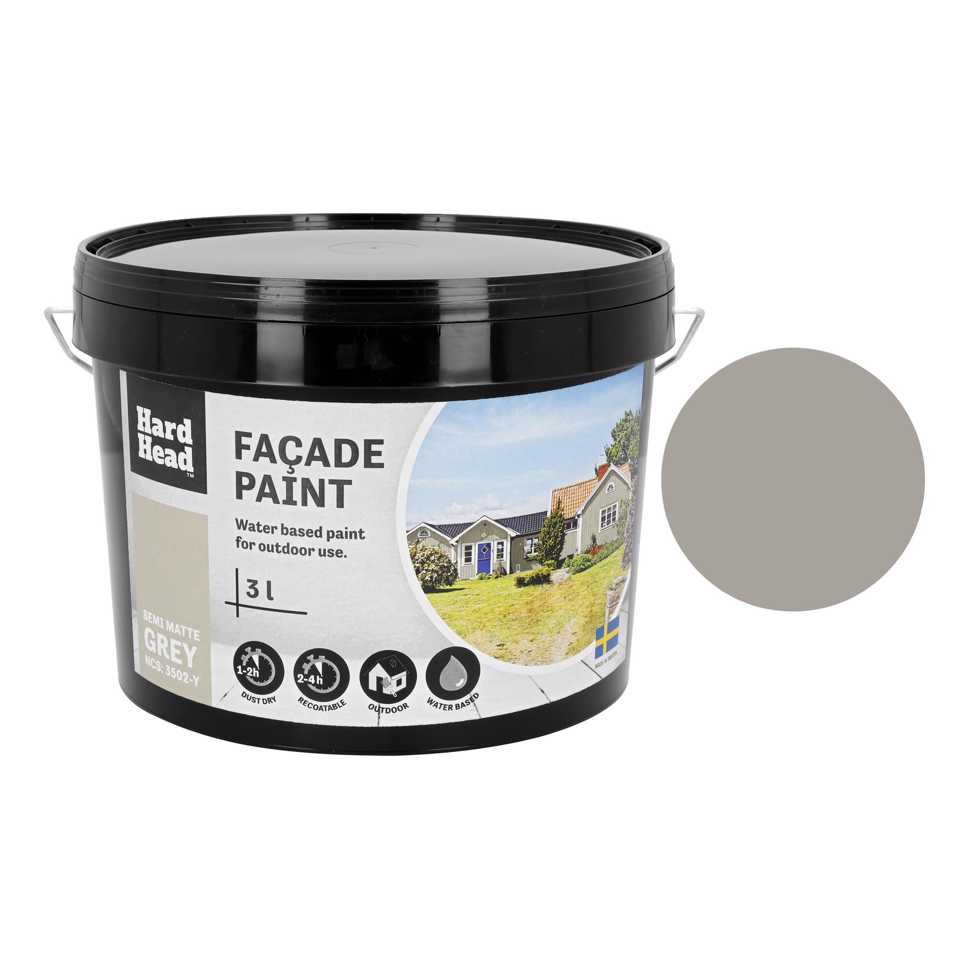 En 3-liters svart plastbehållare med Hard Head Façade-färg i äkta matt grå, med en etikett som visar för utomhusbruk och visar en bild av ett hus, olika färgrelaterade ikoner, produktinformation och en grå färgprov till höger.