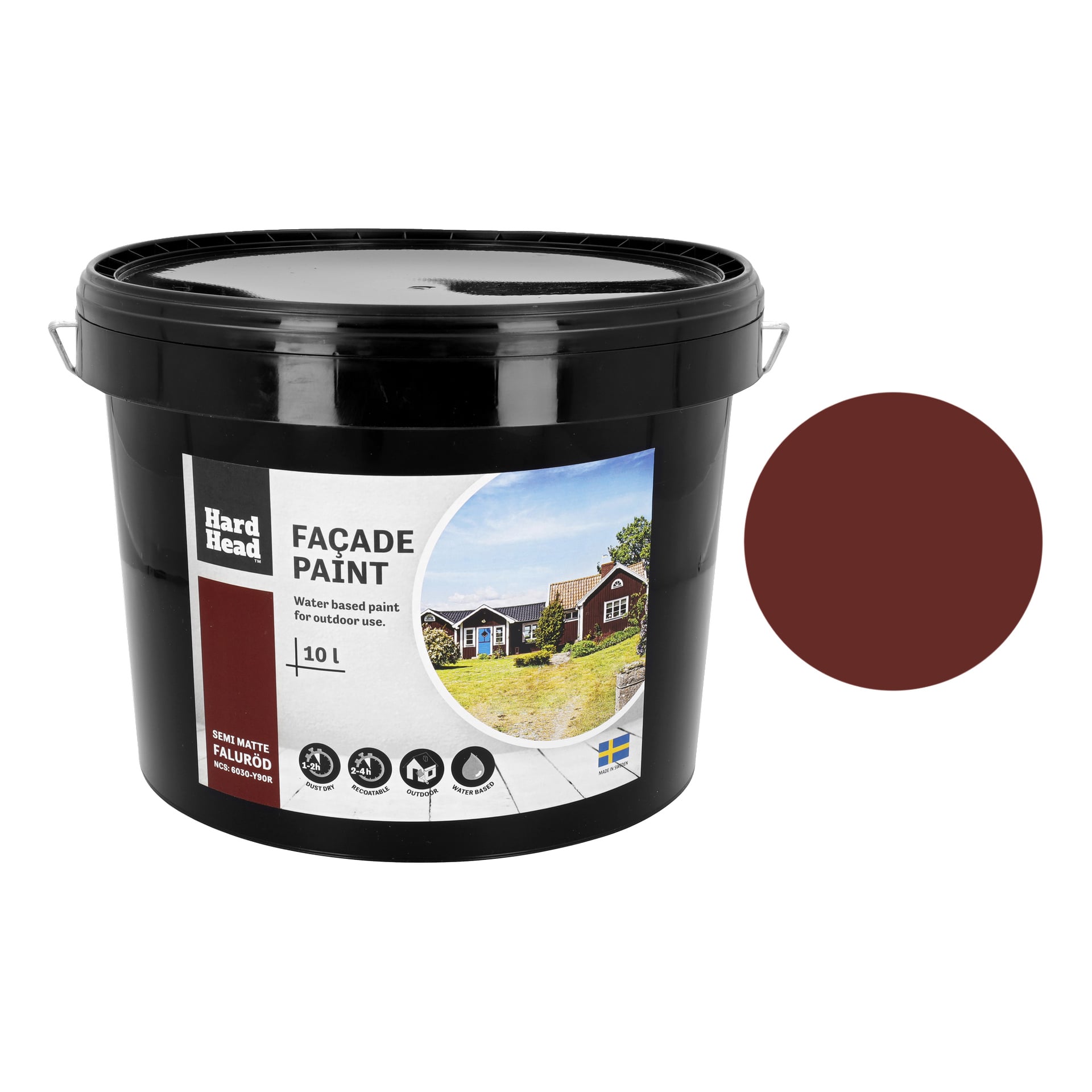 En 10 L svart beholder med Hard Head Façade-maling for utendørs bruk, med en semimatt, vannbasert dyp rødbrun finish og en etikett som viser husene.