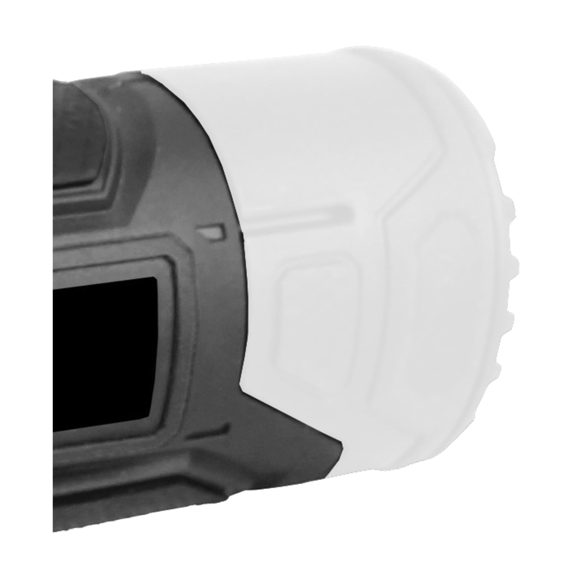 Närbild på Meec Tools Multiseries 12 V Compact vinkelslip, med en cylindrisk kropp med svart texturerat grepp till vänster och en slät vit sektion till höger, detaljerad med geometriska mönster och spår.