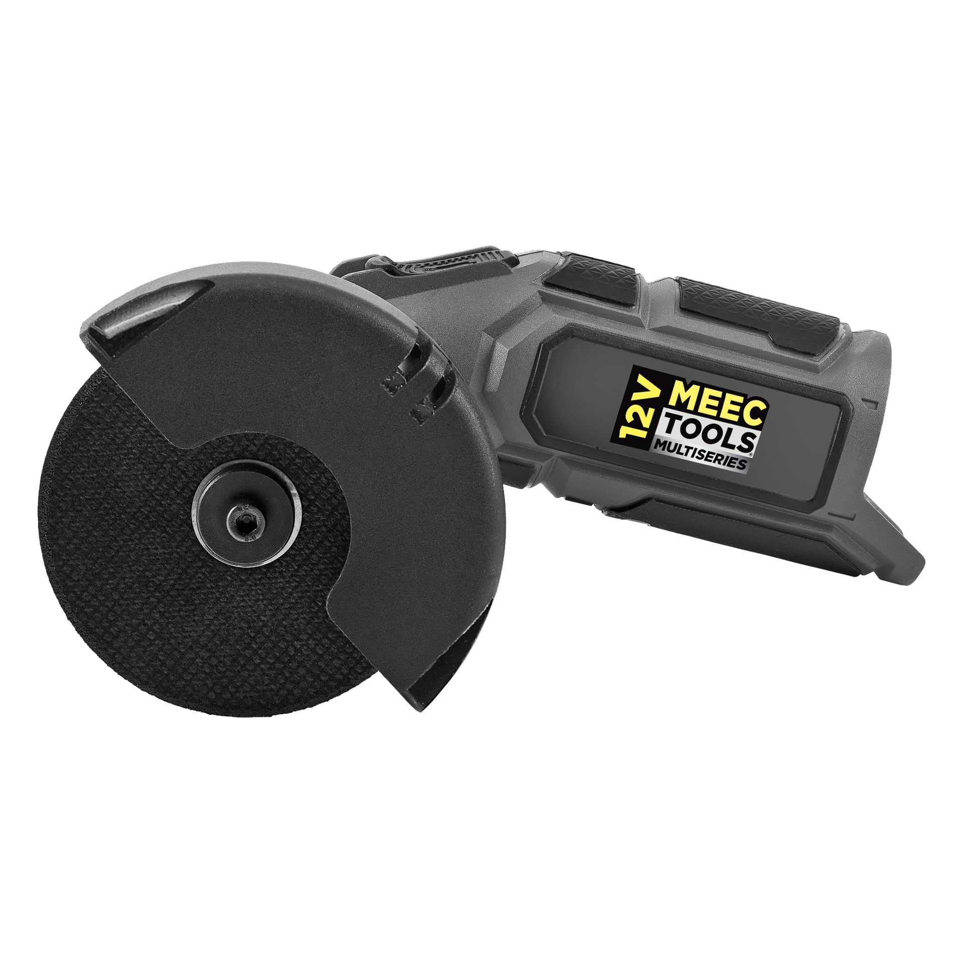 Meec Tools Multiseries 12 V kompakt vinkelslip visas i närbild, med sin svarta och grå design samt ett skyddande skydd som omsluter slipskivan.