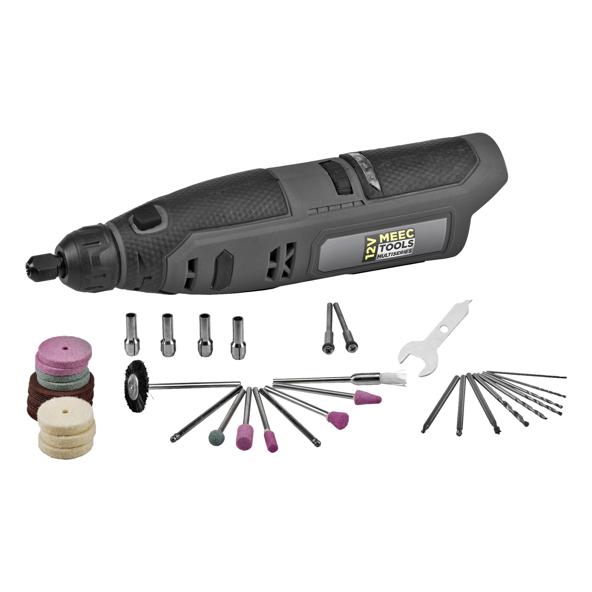 Ett svart kompakt handhållet slip- och gravyrverktyg från Meec Tools Multiseries 12 V, med en gul Meec Tools-logotyp. Den visas tillsammans med sina 51 tillbehörsdelar, inklusive slipbitar, poleringsplattor, syltesyltar, borrborr, skiftnyckel, borste och små skivor.