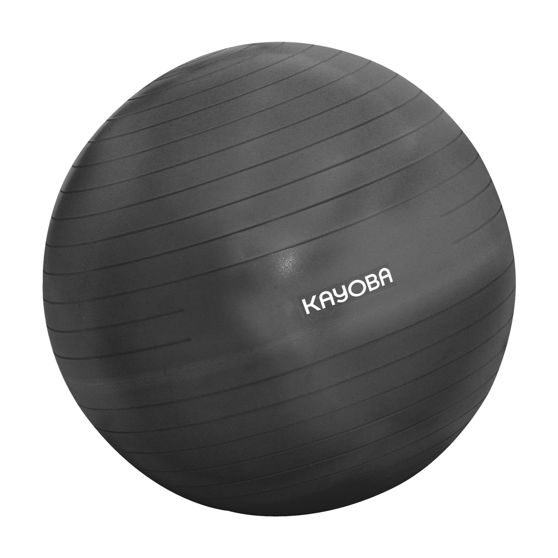 En svart Pilatesboll med horisontella åsar och Kayoba-varumärket tryckt med vita bokstäver.